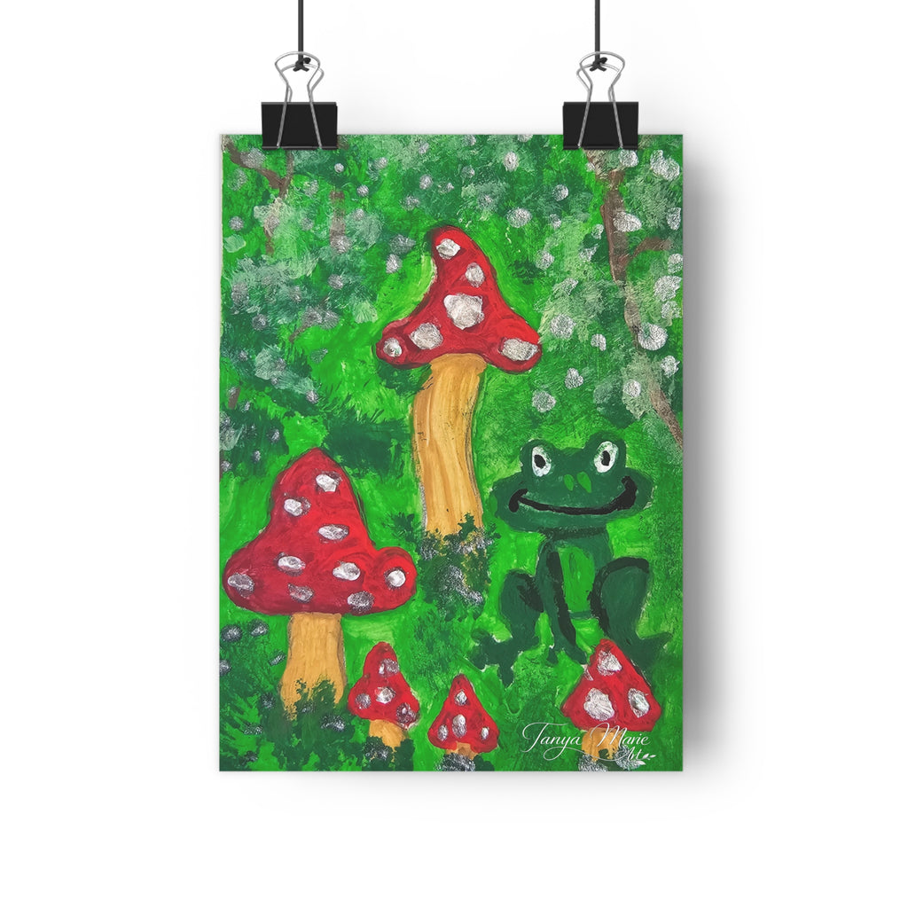 Giclée art print of a frog and red toadstools on a green forest background