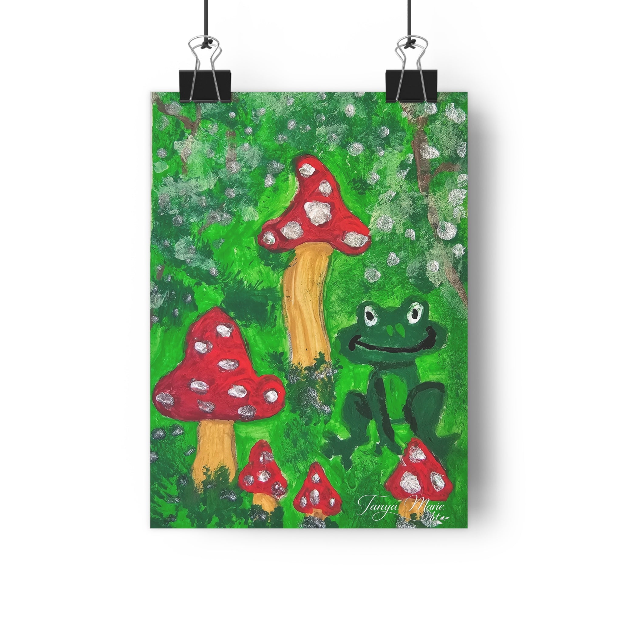 Giclée art print of a frog and red toadstools on a green forest background