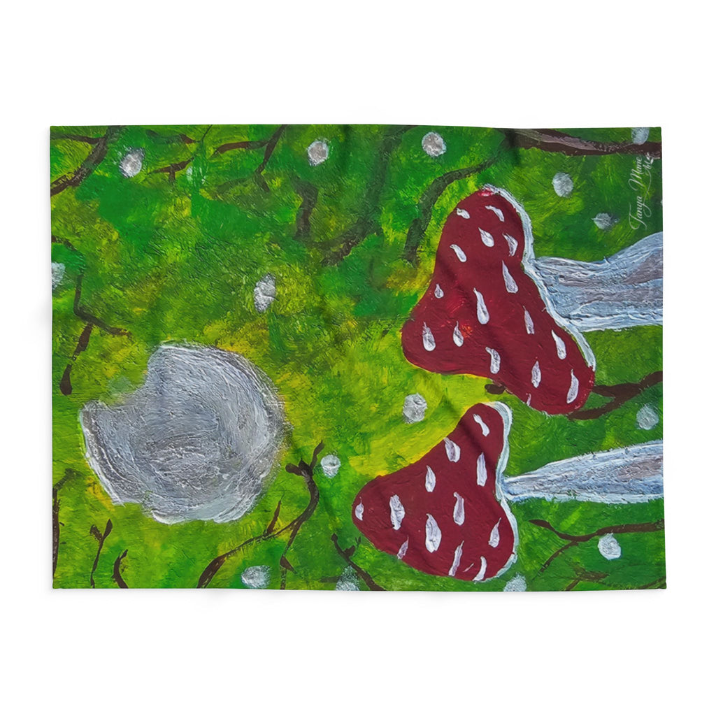 Rectangular fleece blanket panel with green background, red mushrooms, gray cap, speckles