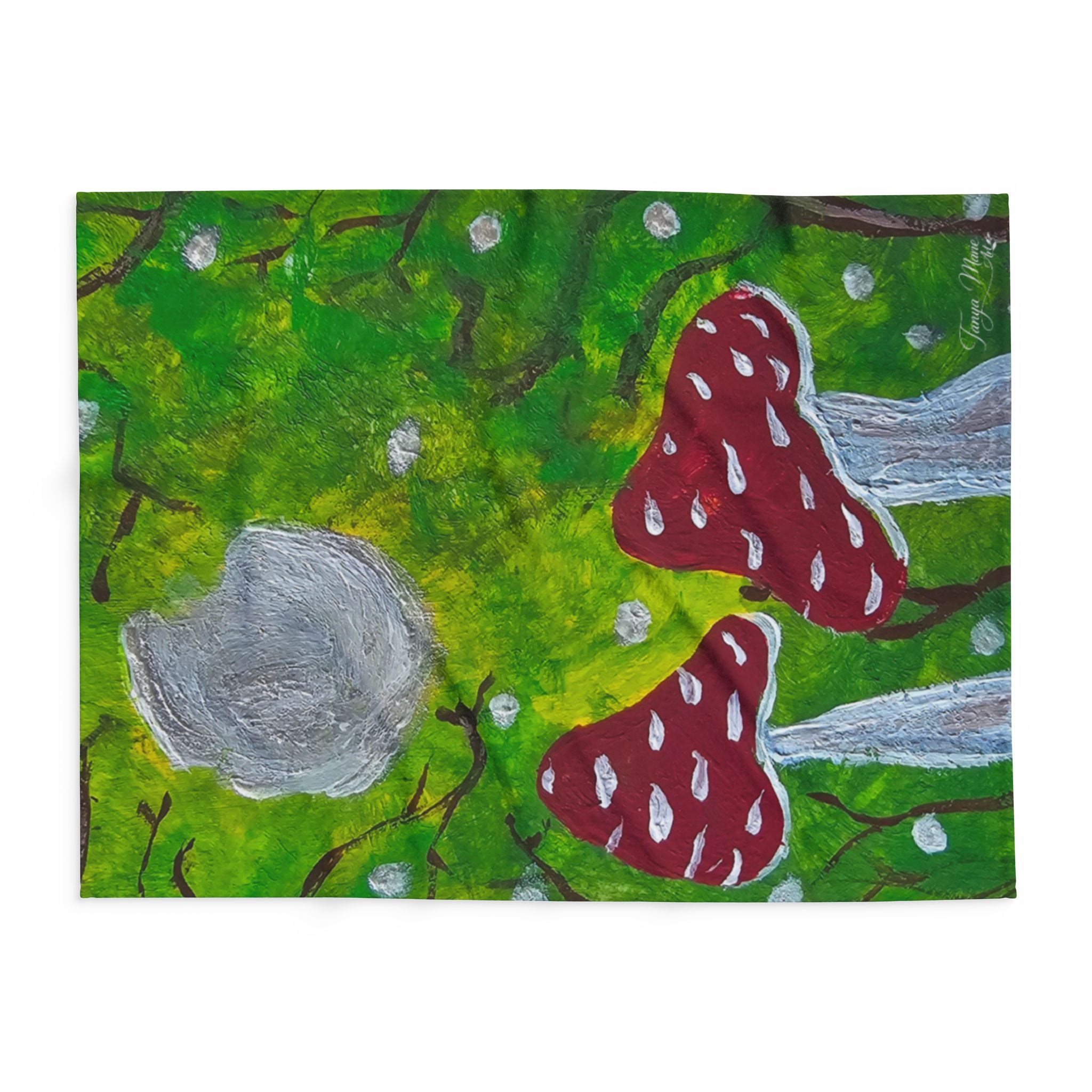 Rectangular fleece blanket panel with green background, red mushrooms, gray cap, speckles