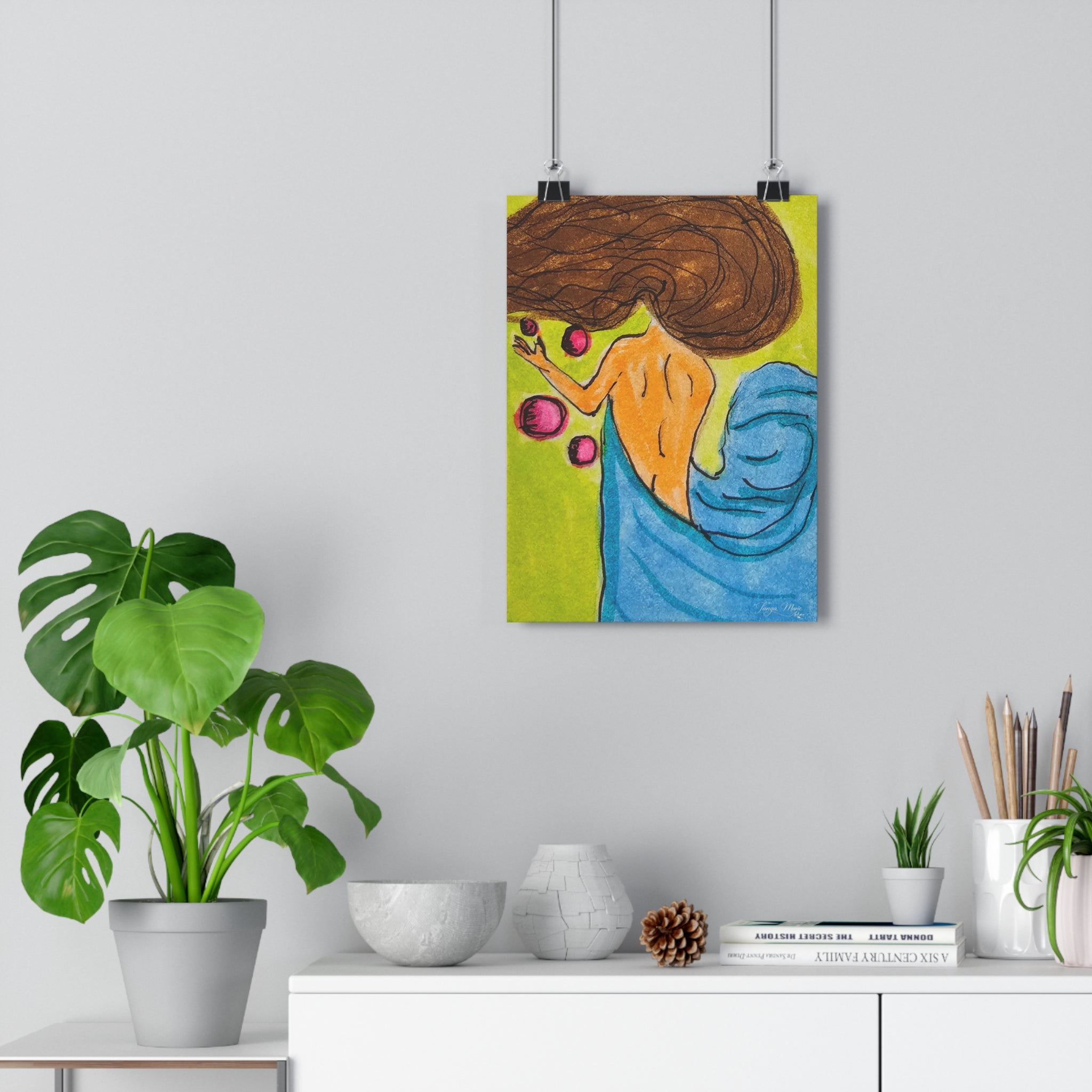 Giclée art print of a witchy woman with flowing hair in a blue dress