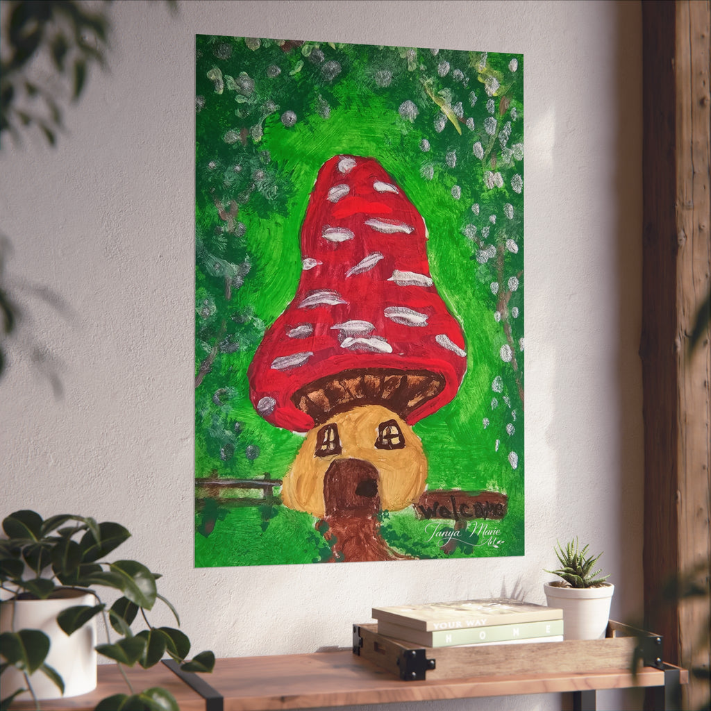 Fine art poster depicting a red mushroom house with brown doorway, green background, white speckles