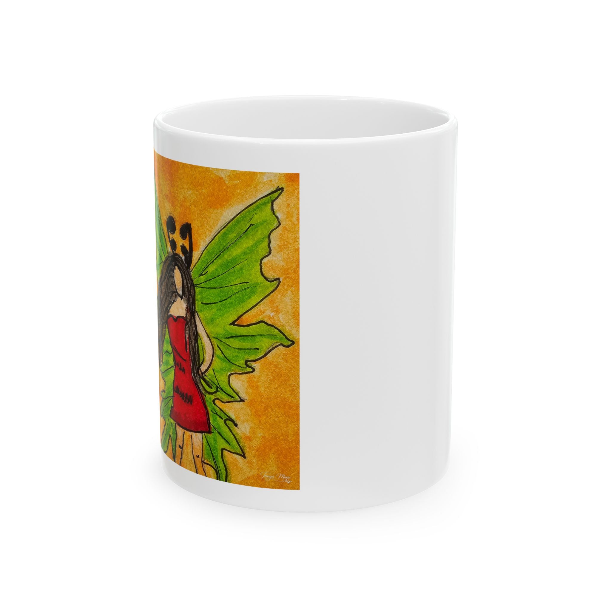 White ceramic mug with a side panel showing a black-haired fairy in a red dress and green wings.