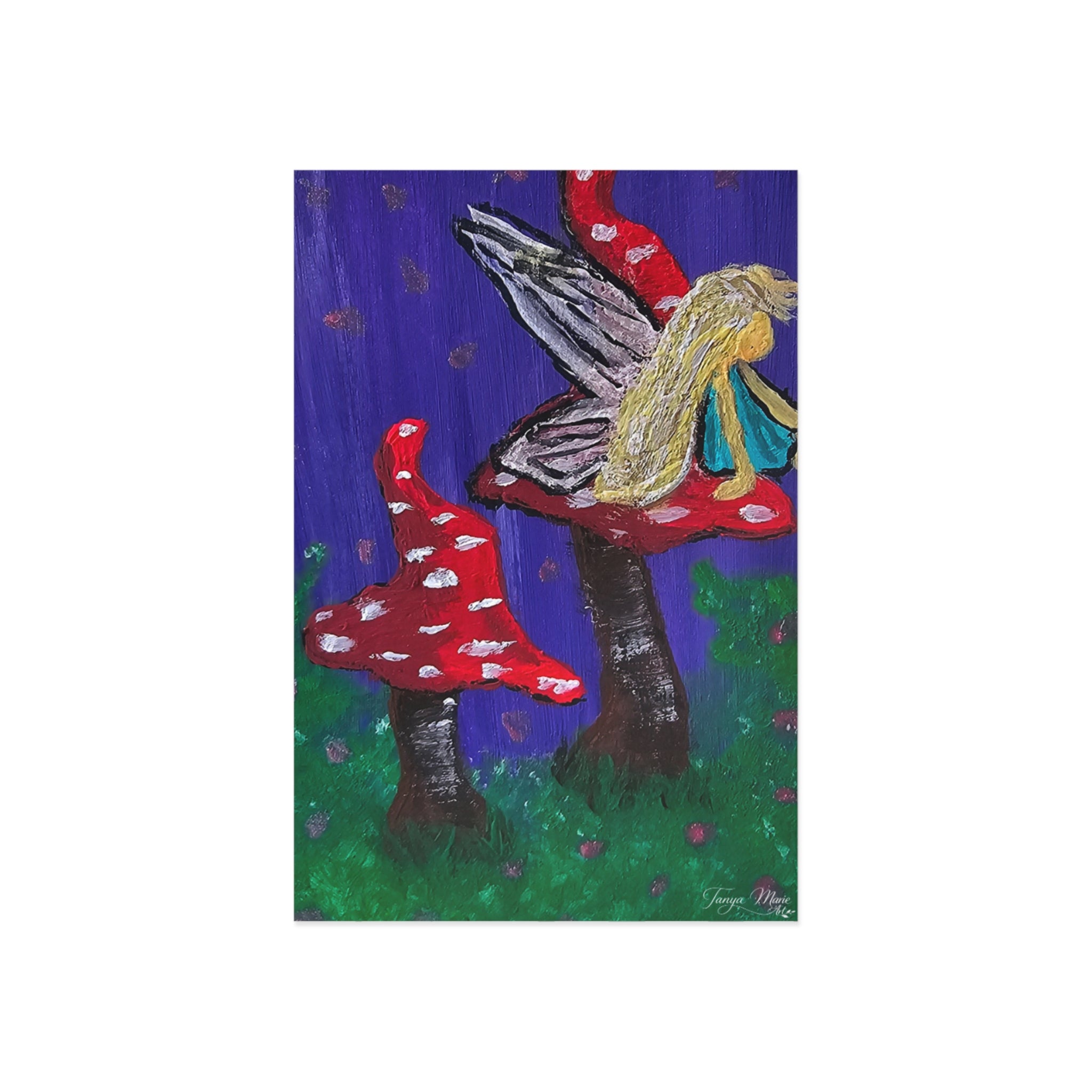Fine art postcard showing a fairy with wings and a red mushroom on blue