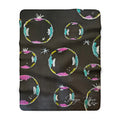 Sherpa fleece blanket square, dark gray with colorful bubble circles and white star details