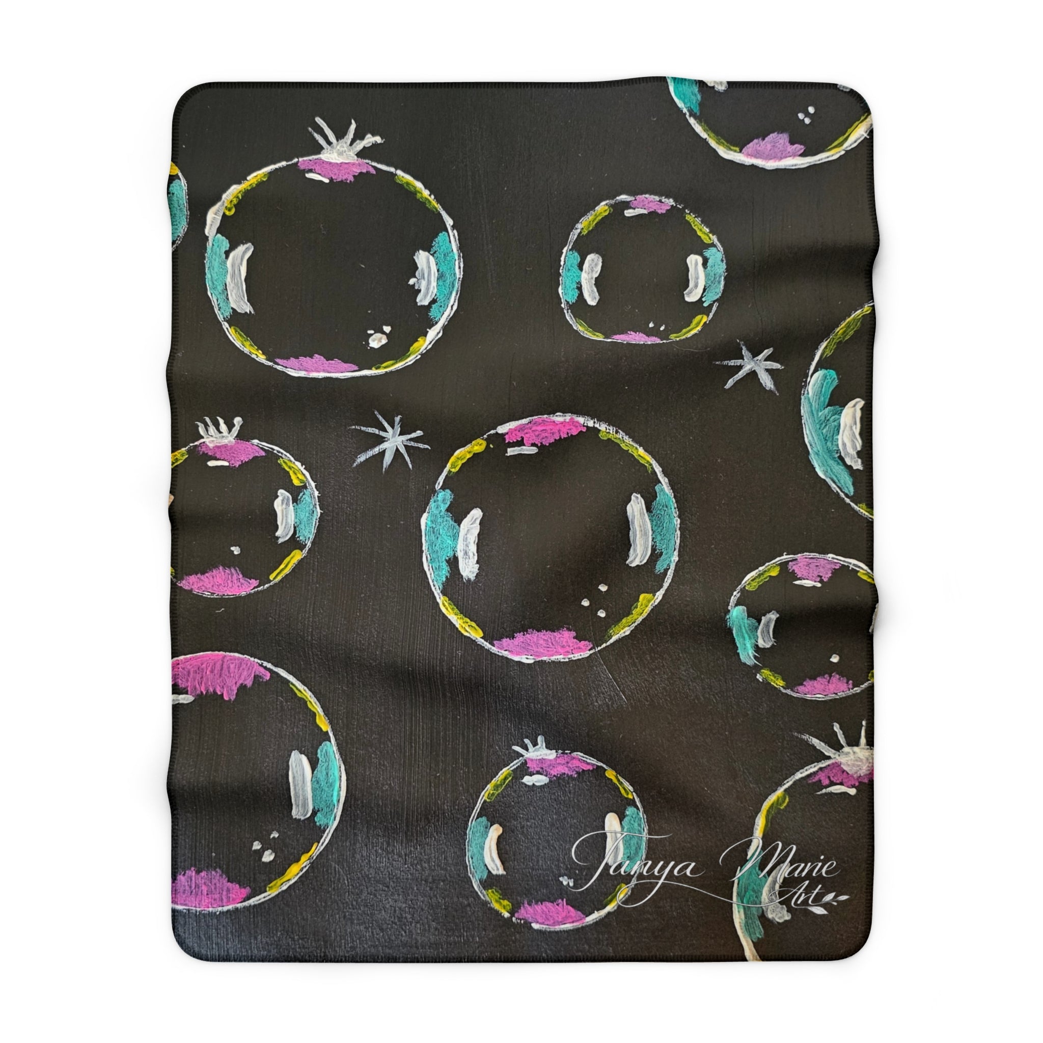 Sherpa fleece blanket square, dark gray with colorful bubble circles and white star details