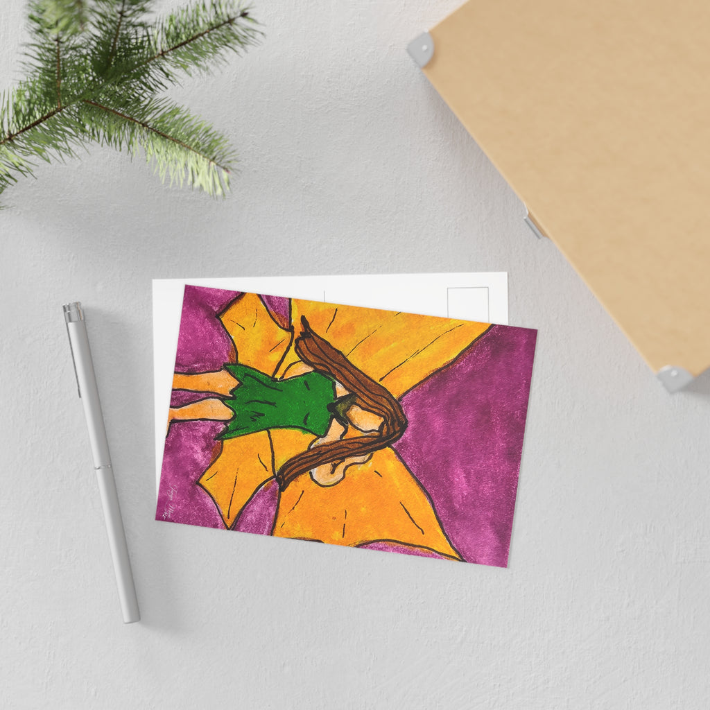 Fairy illustration postcard with green fairy on orange and purple starburst, with envelope