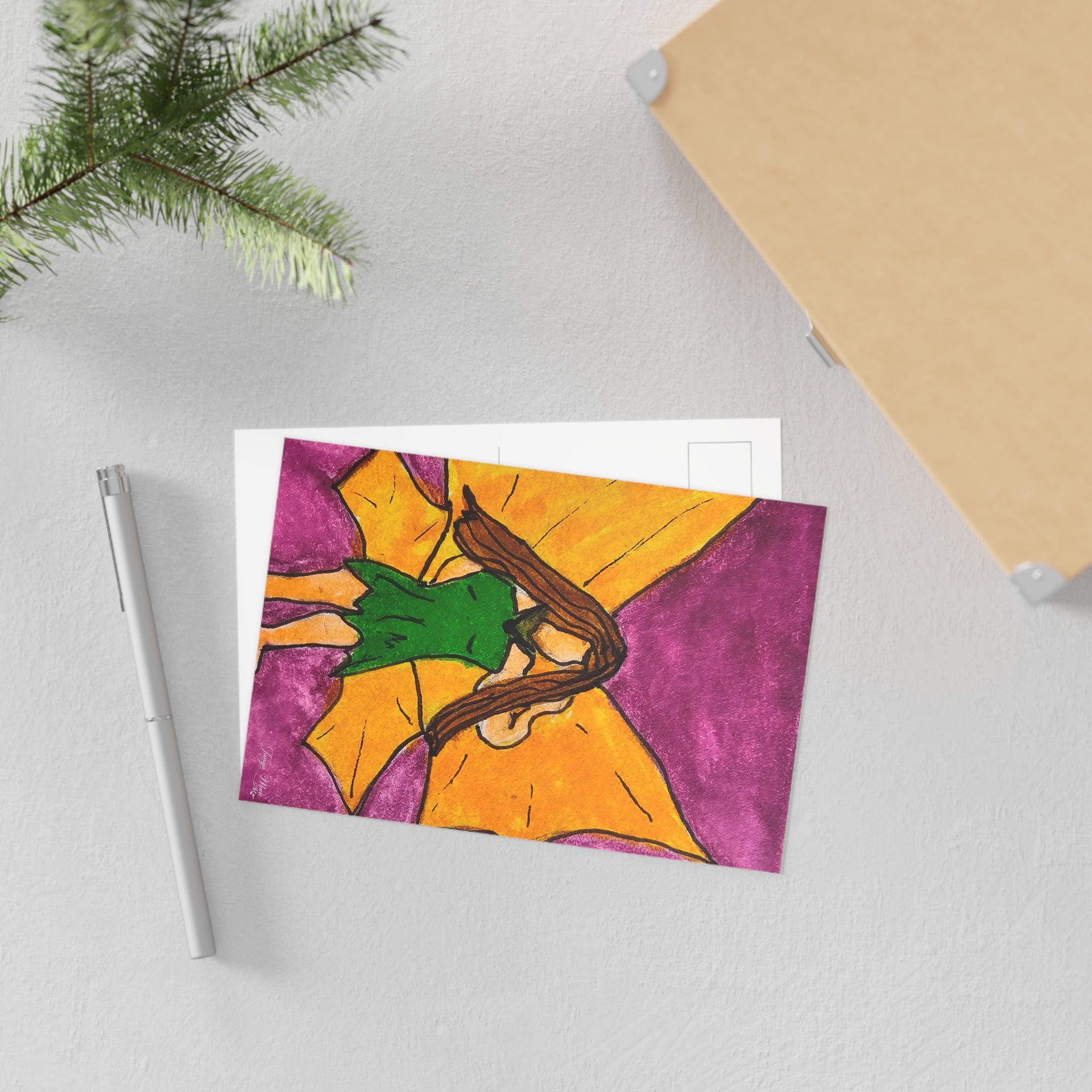 Fairy illustration postcard with green fairy on orange and purple starburst, with envelope