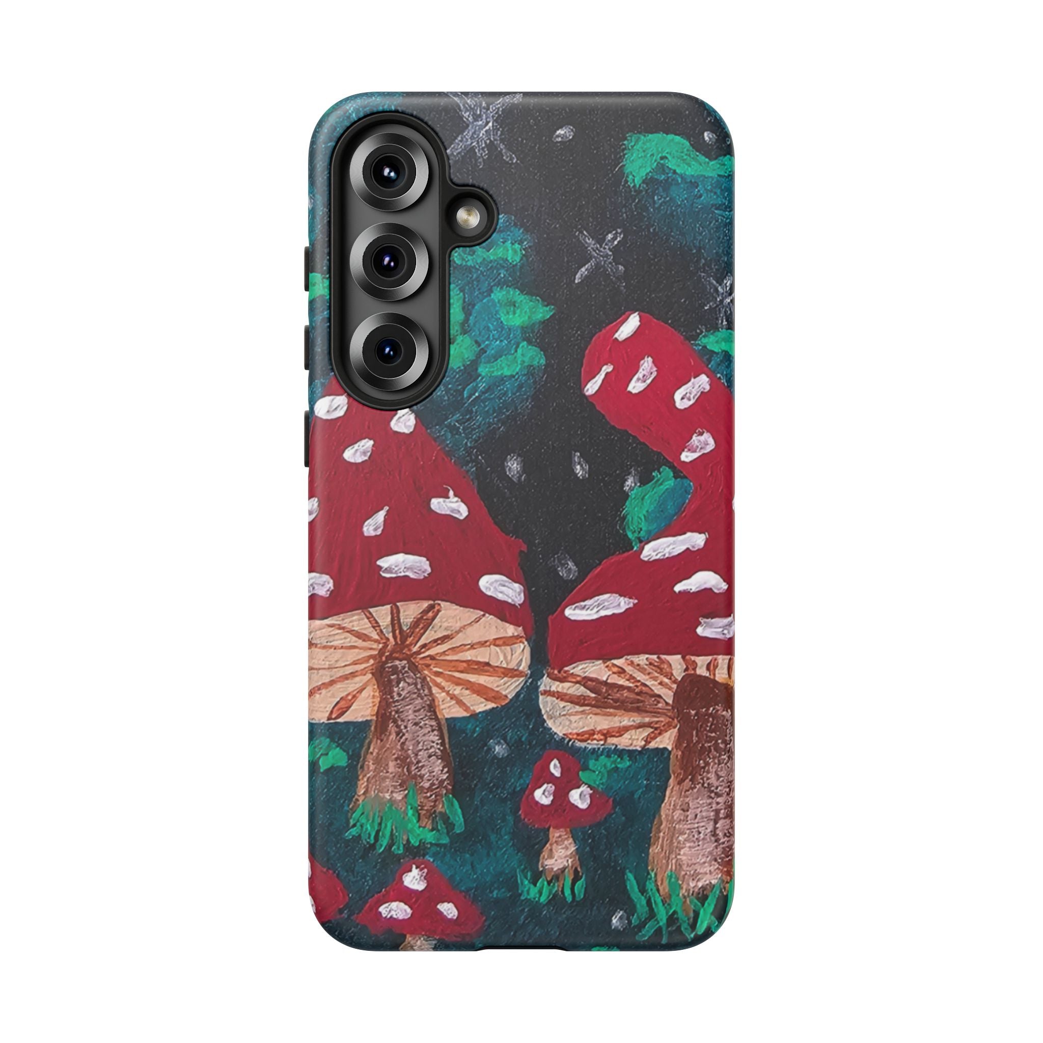 Tough phone case featuring teal-trimmed edges and mushroom forest print; camera cutouts on back.