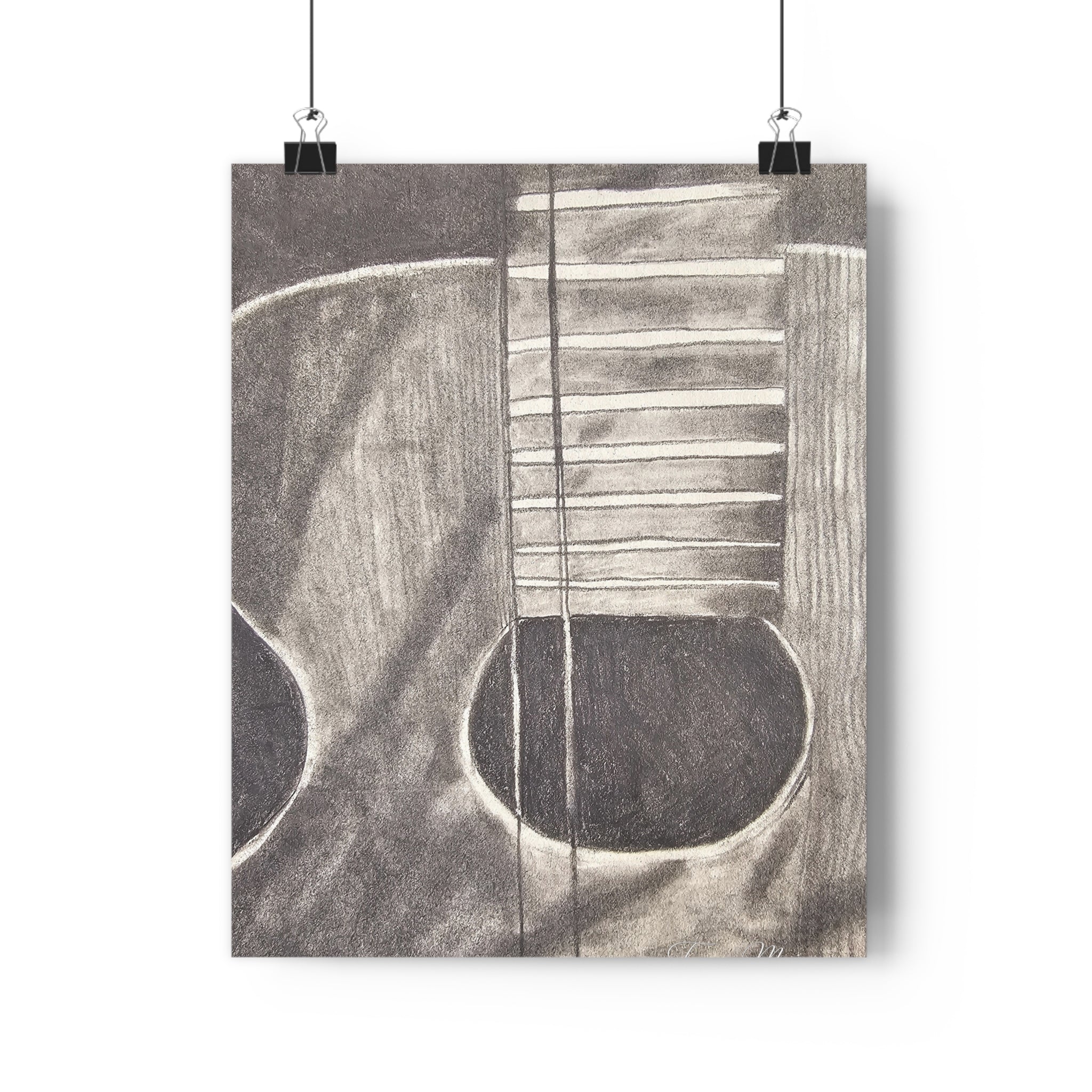 Acoustic Guitar Charcoal Giclée Art Print — Monochrome Music Wall Art