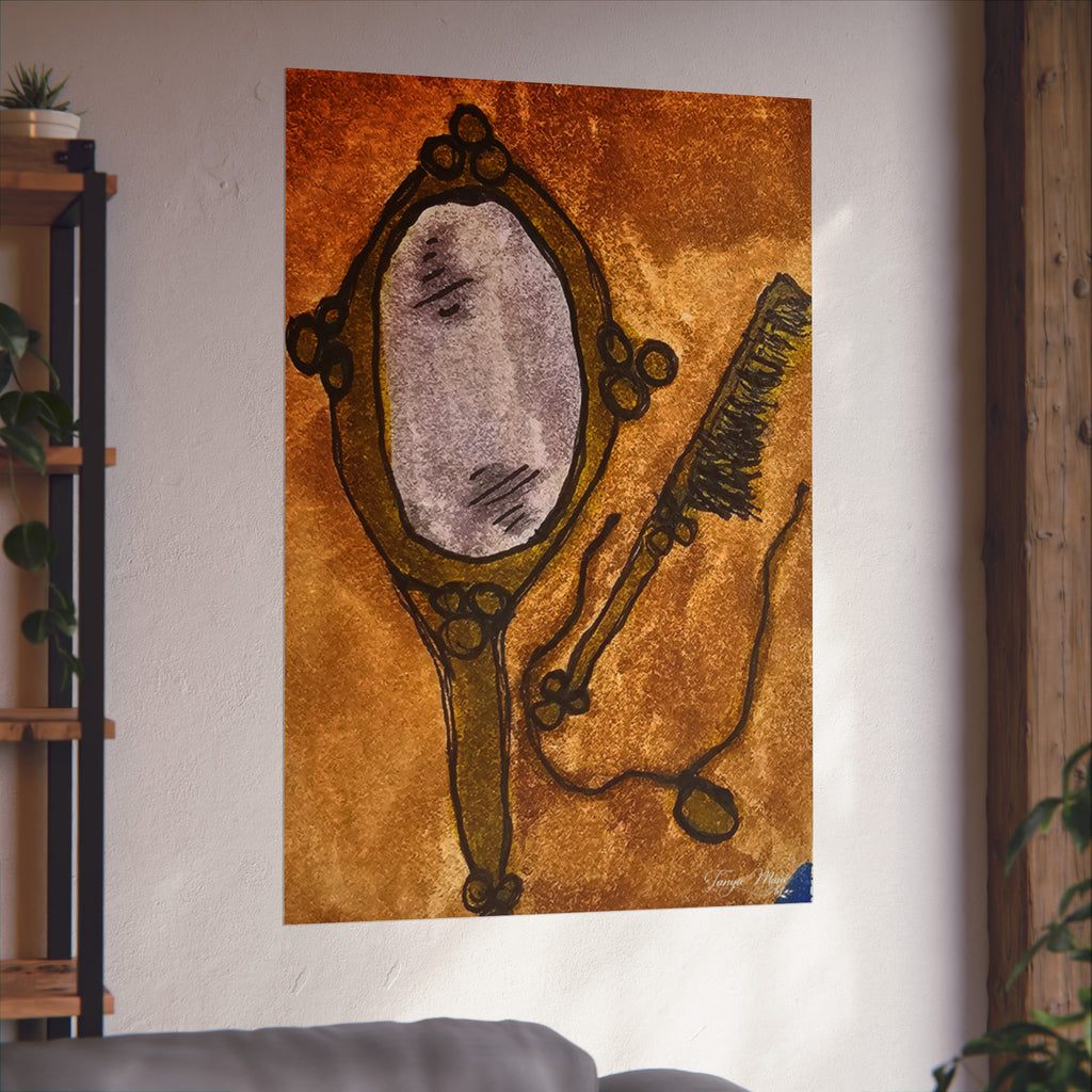 Vintage hand mirror and comb wall art poster in warm brown tones