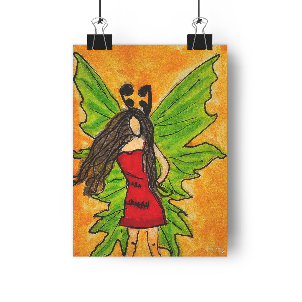 Fairy girl art print with green wings and red dress on orange background