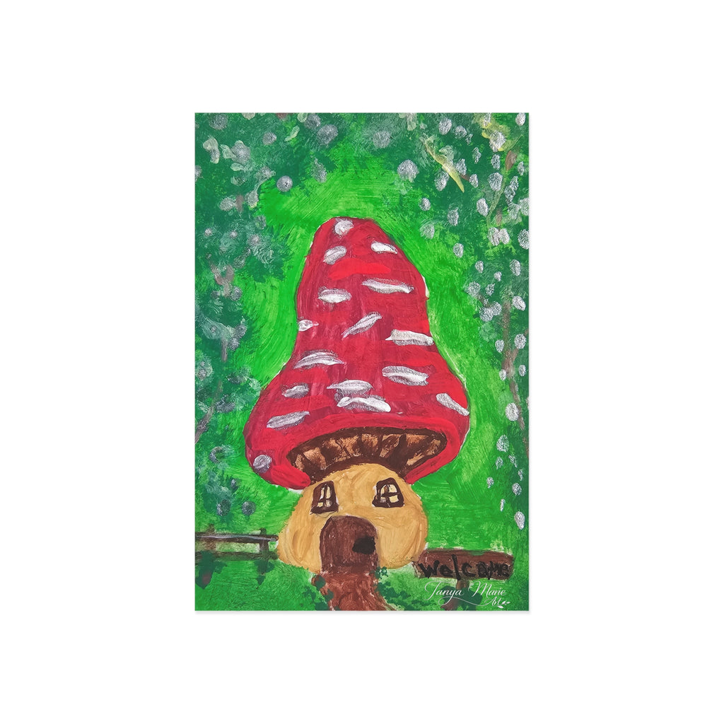 Vertical mushroom postcard showing red toadstool and brown dog face below, green background