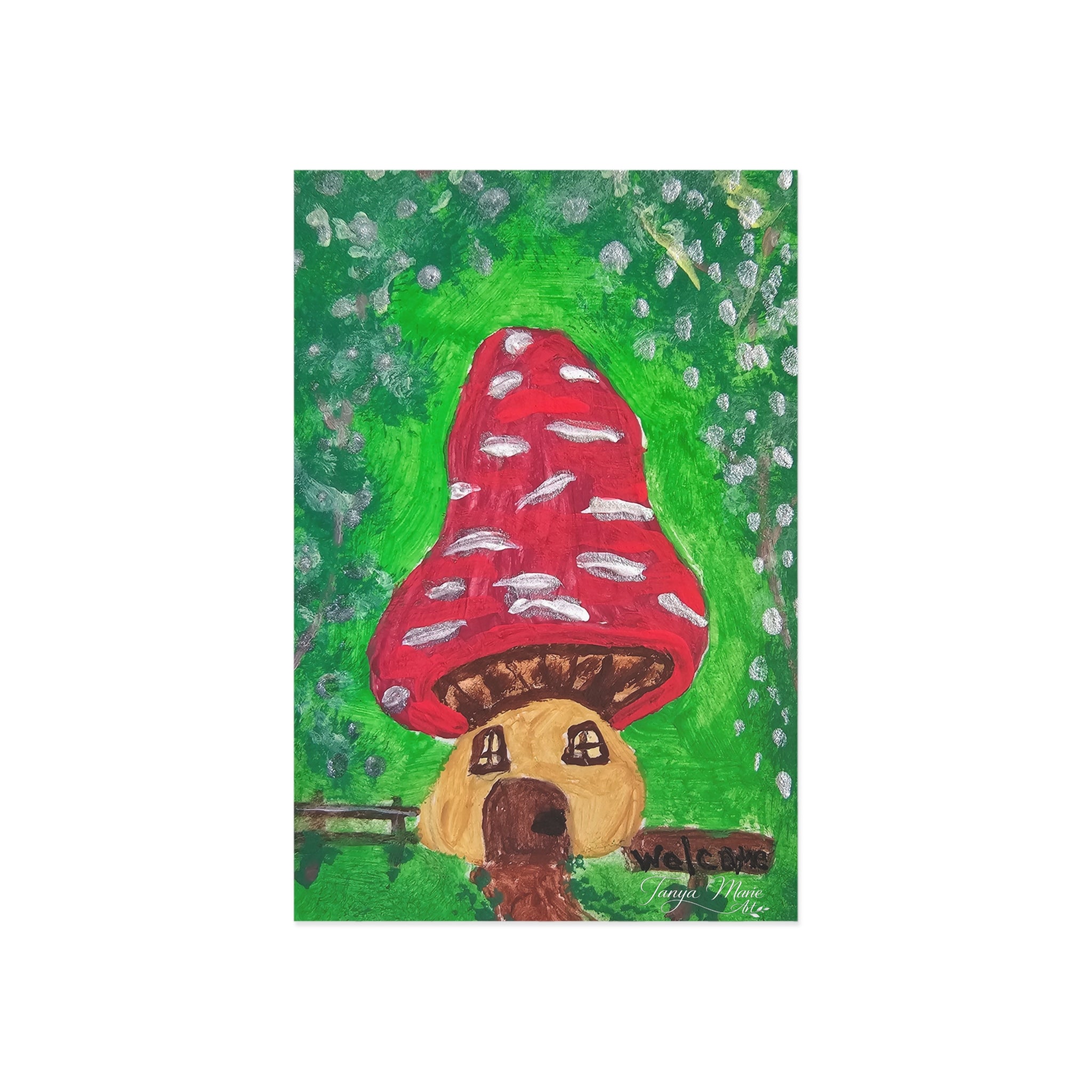 Vertical mushroom postcard showing red toadstool and brown dog face below, green background
