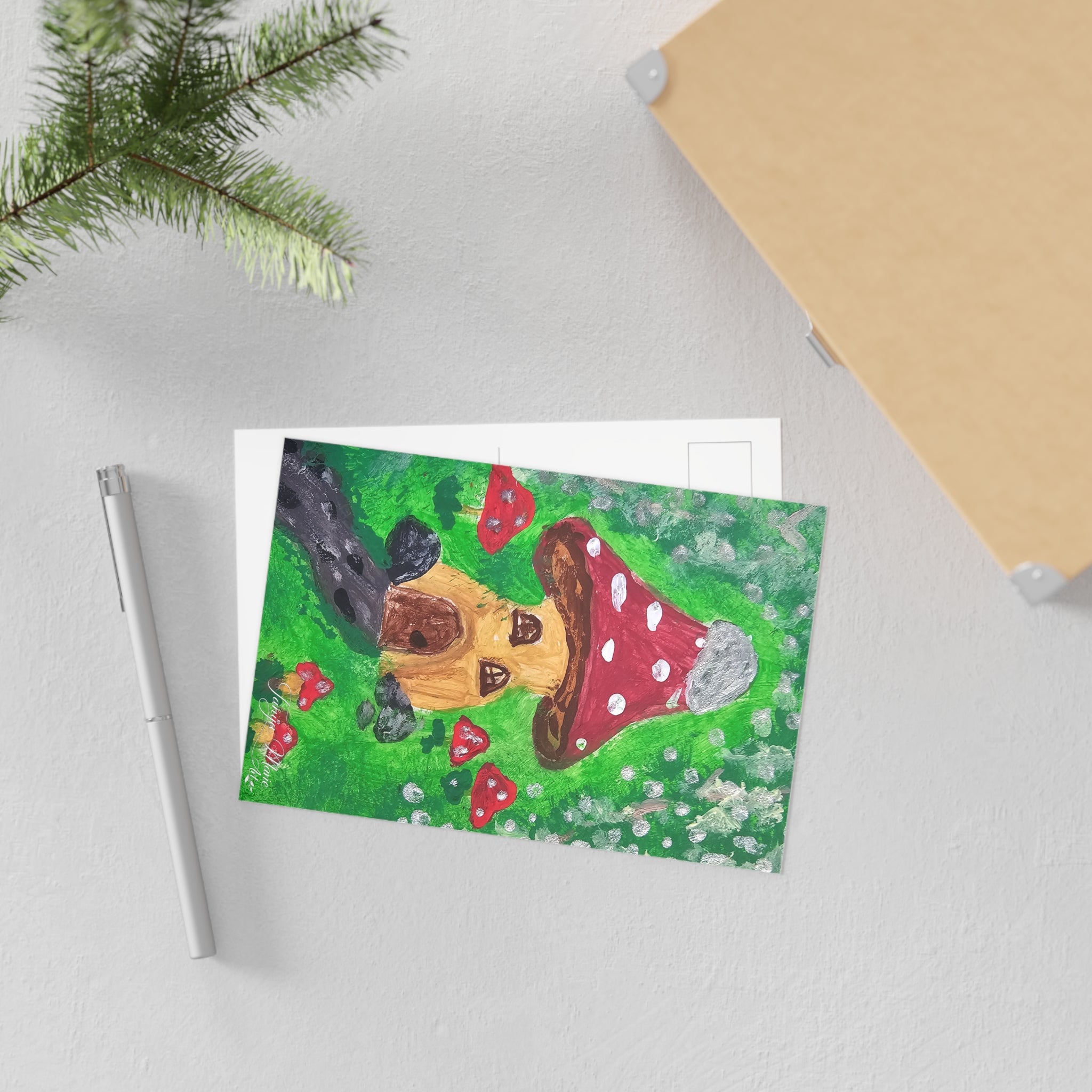 Mushroom house postcard with green background, red mushroom house, and small red mushroom details