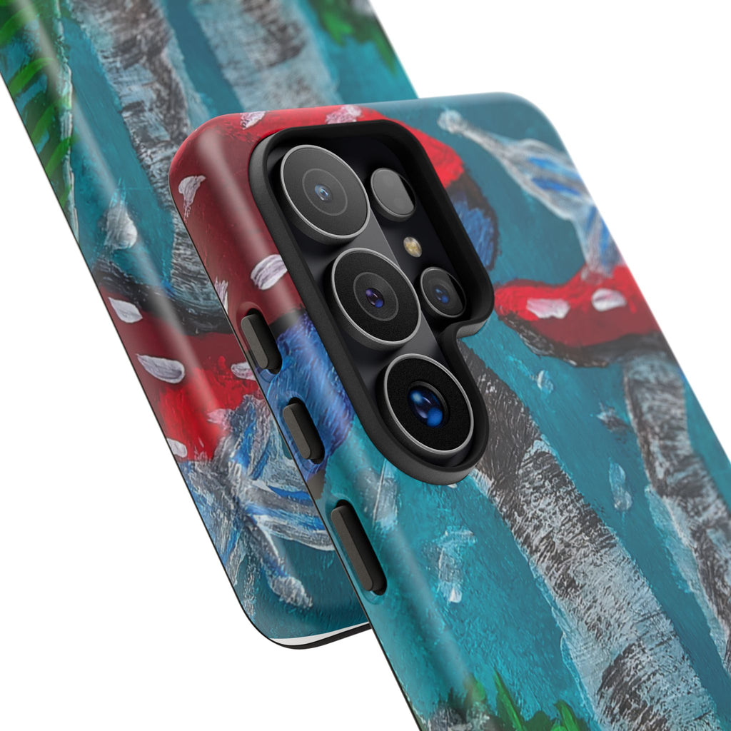 Protective phone case showing red toadstools on teal/blue striped back and triple camera cutouts