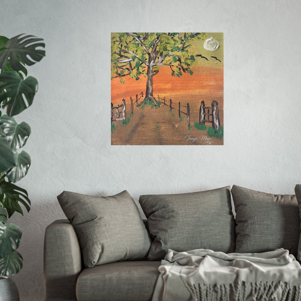 Sunset Path Fine Art Poster — Tree, Fence & Moon Landscape Print