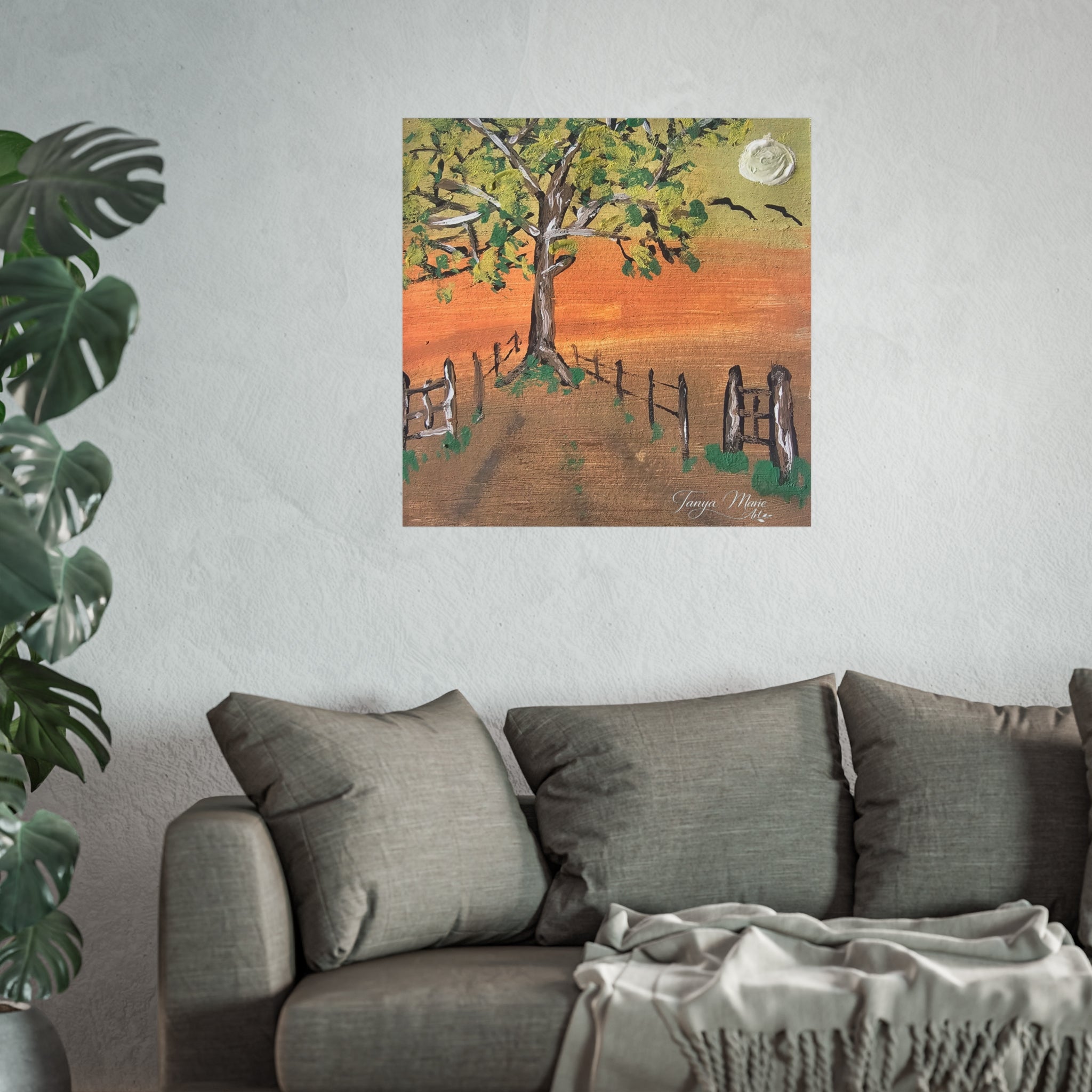 Sunset Path Fine Art Poster — Tree, Fence & Moon Landscape Print