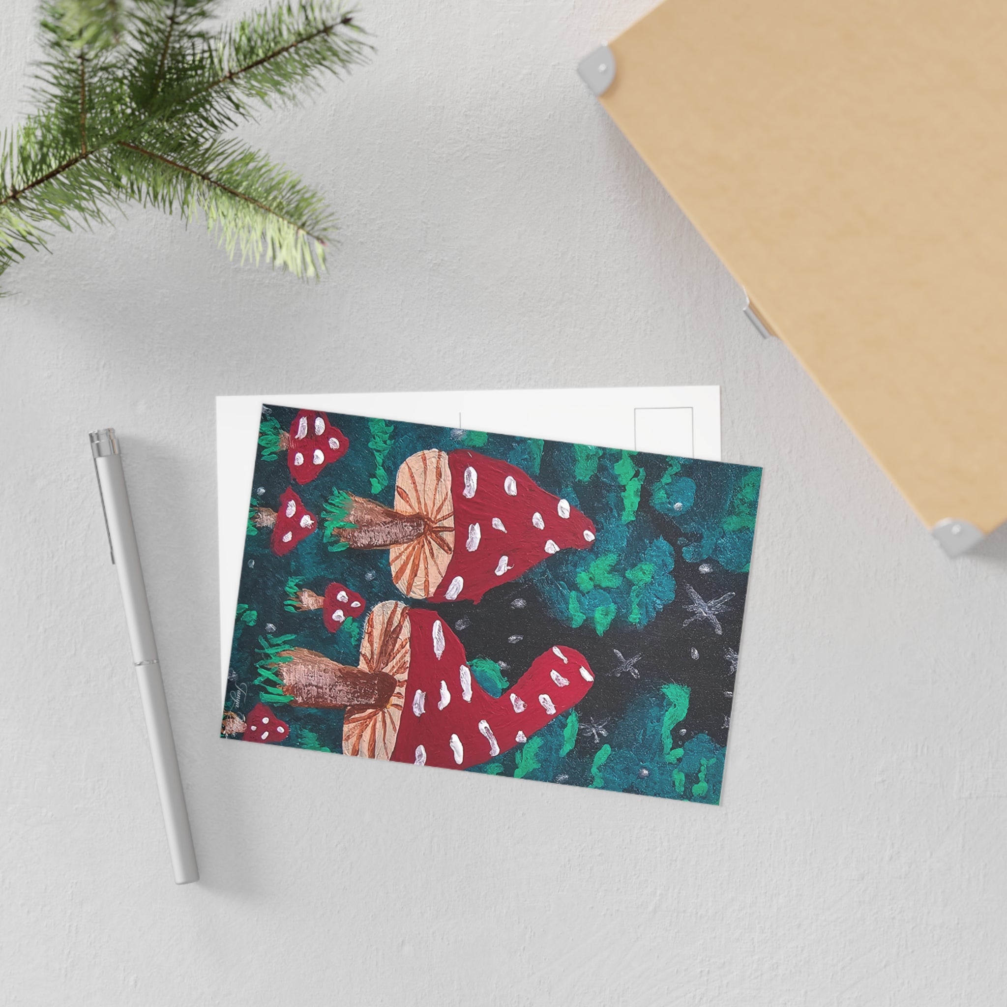 Mushroom forest postcard with red spotted amanita mushrooms and starry green background