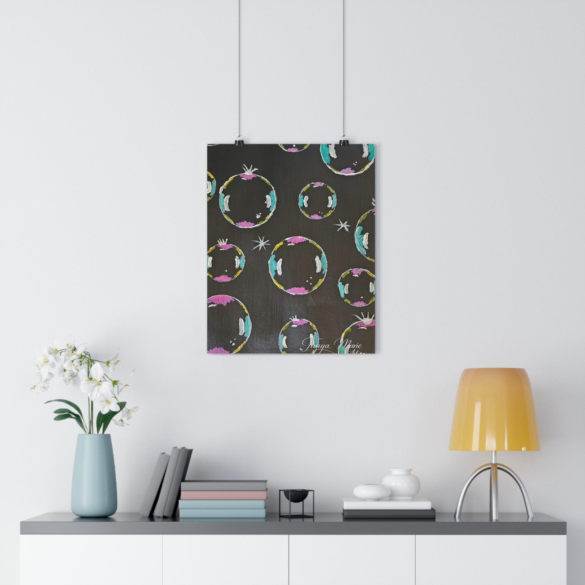 Abstract Bubble Pattern Giclée Art Print — Colorful Circles on Charcoal