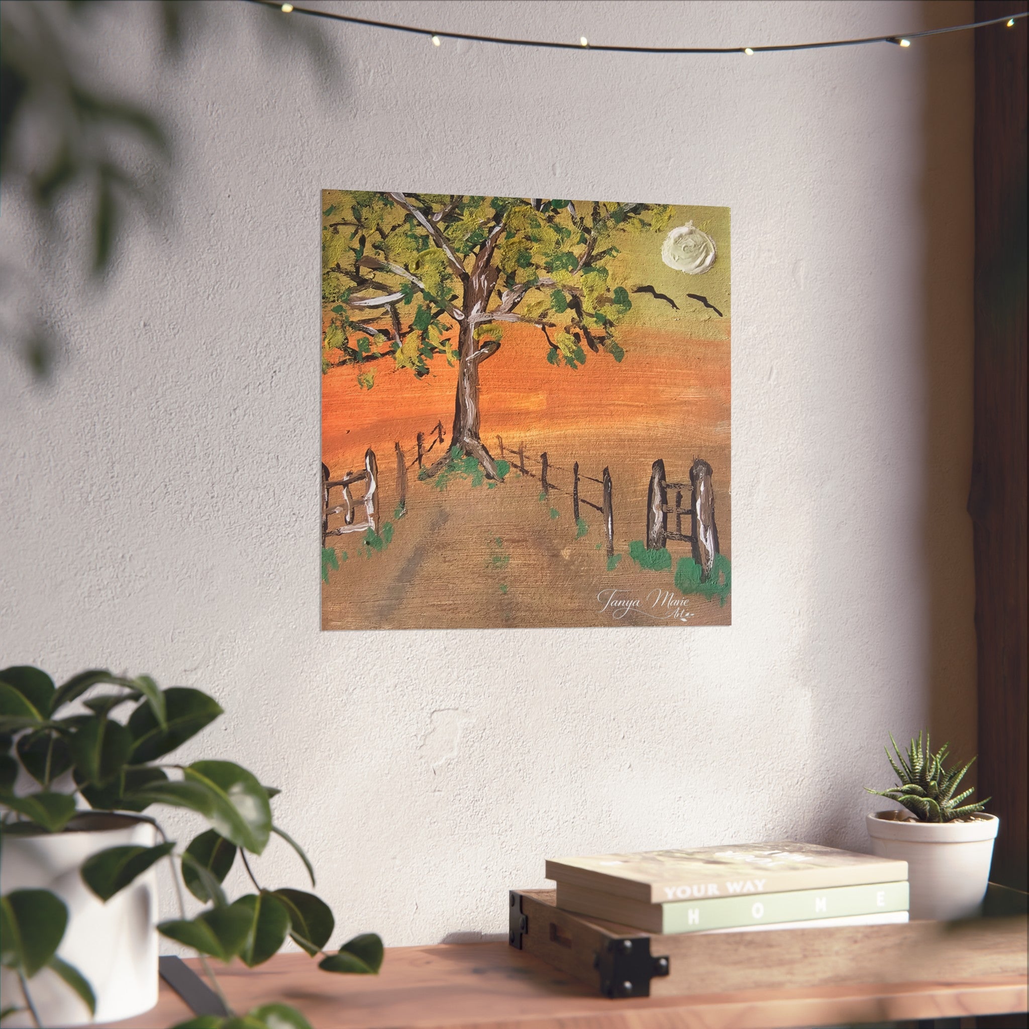 Sunset Path Fine Art Poster — Tree, Fence & Moon Landscape Print
