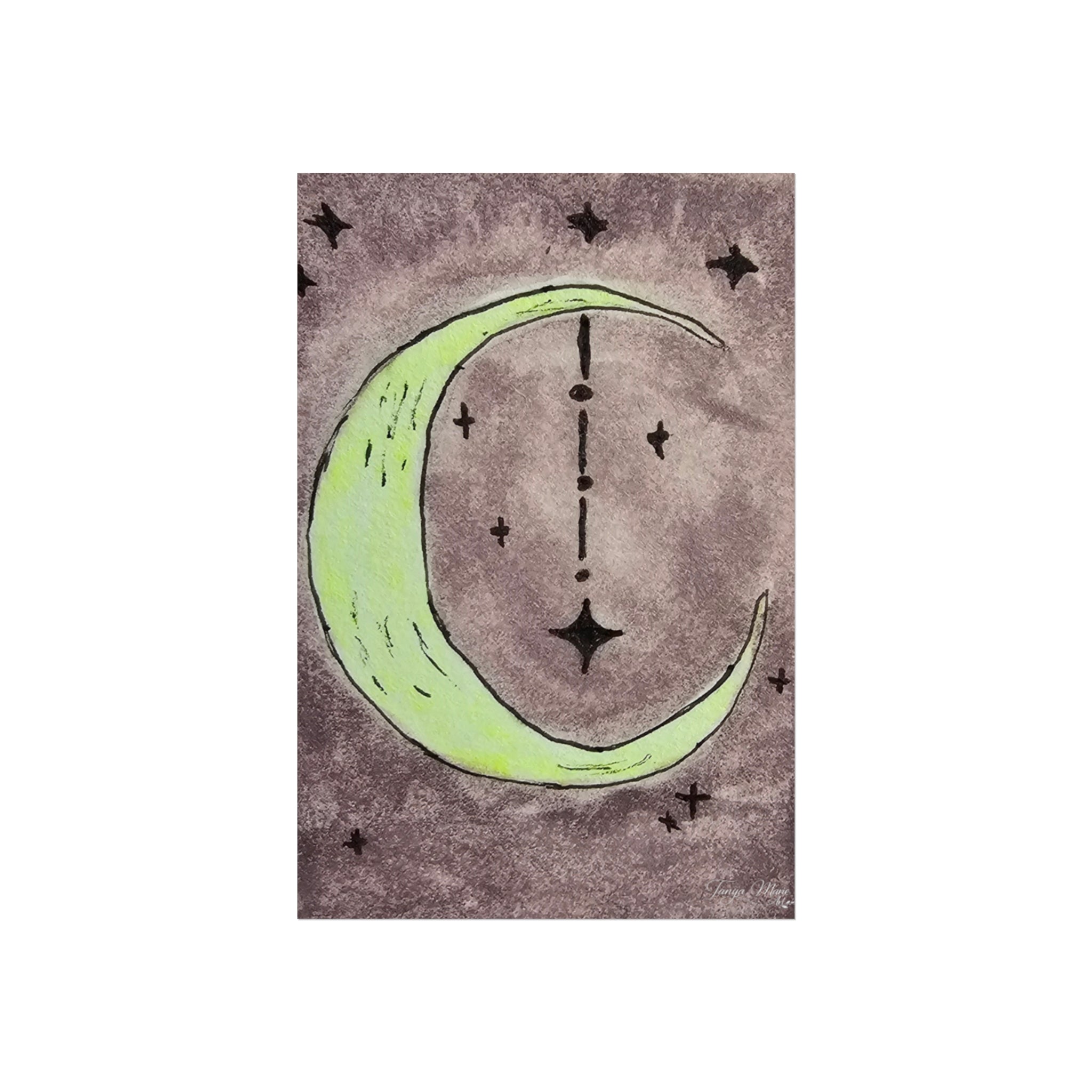 Square fine art poster with neon green crescent moon outline and hanging vertical star symbols
