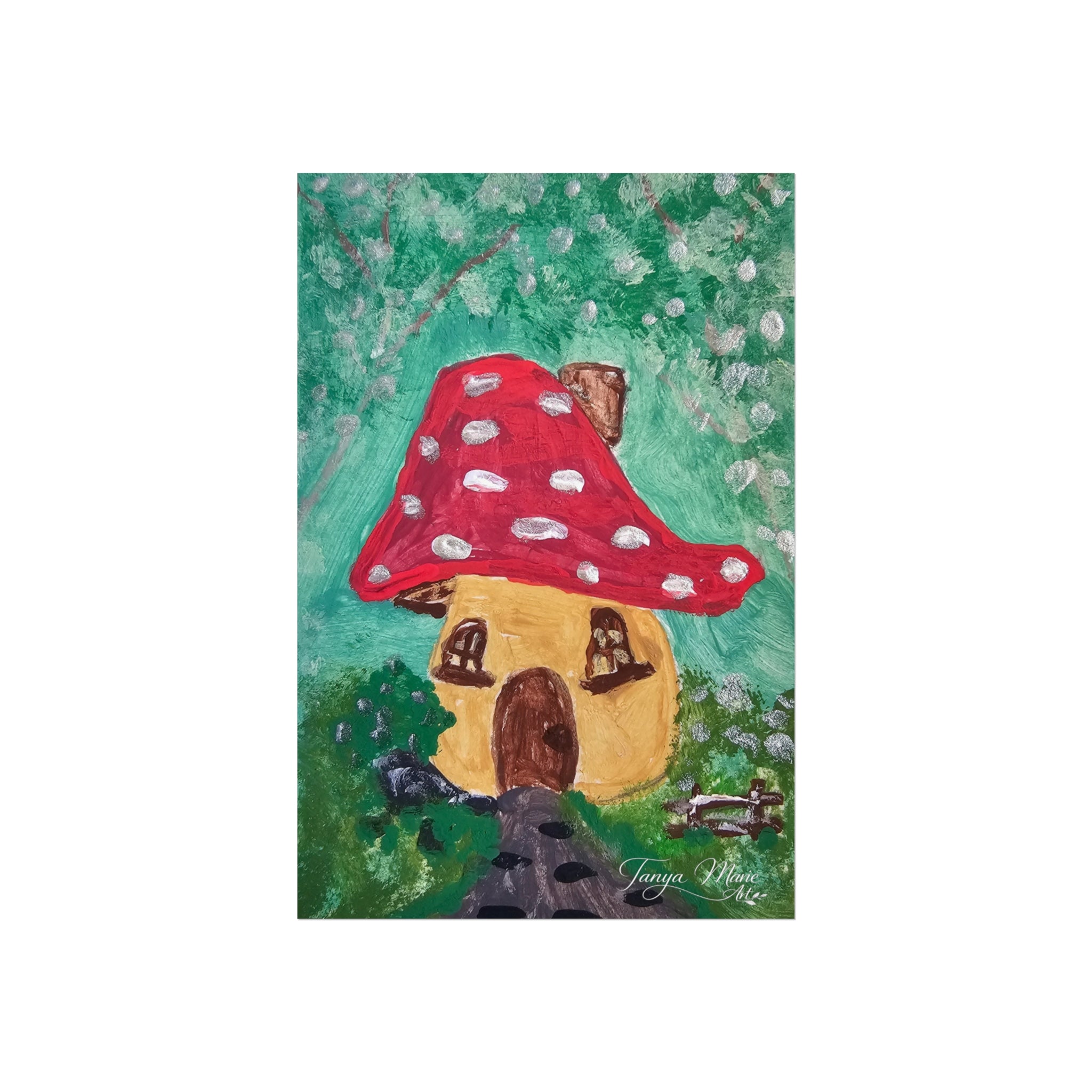 Whimsical fairy house art poster with red mushroom cap cottage and green forest backdrop