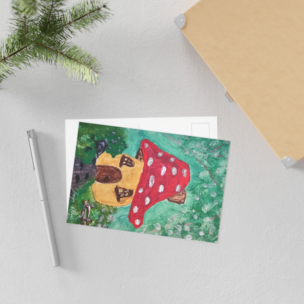 Fairy house greeting card postcard with red mushroom cottage illustration, with pen