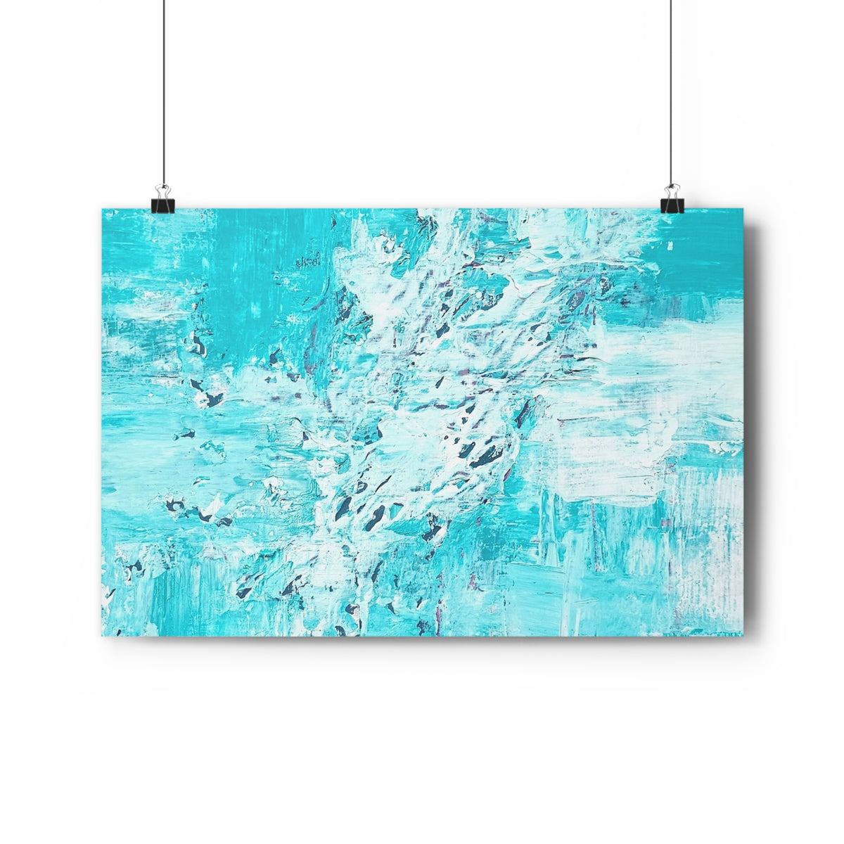 Abstract turquoise ocean giclée art print with white and blue brushstrokes