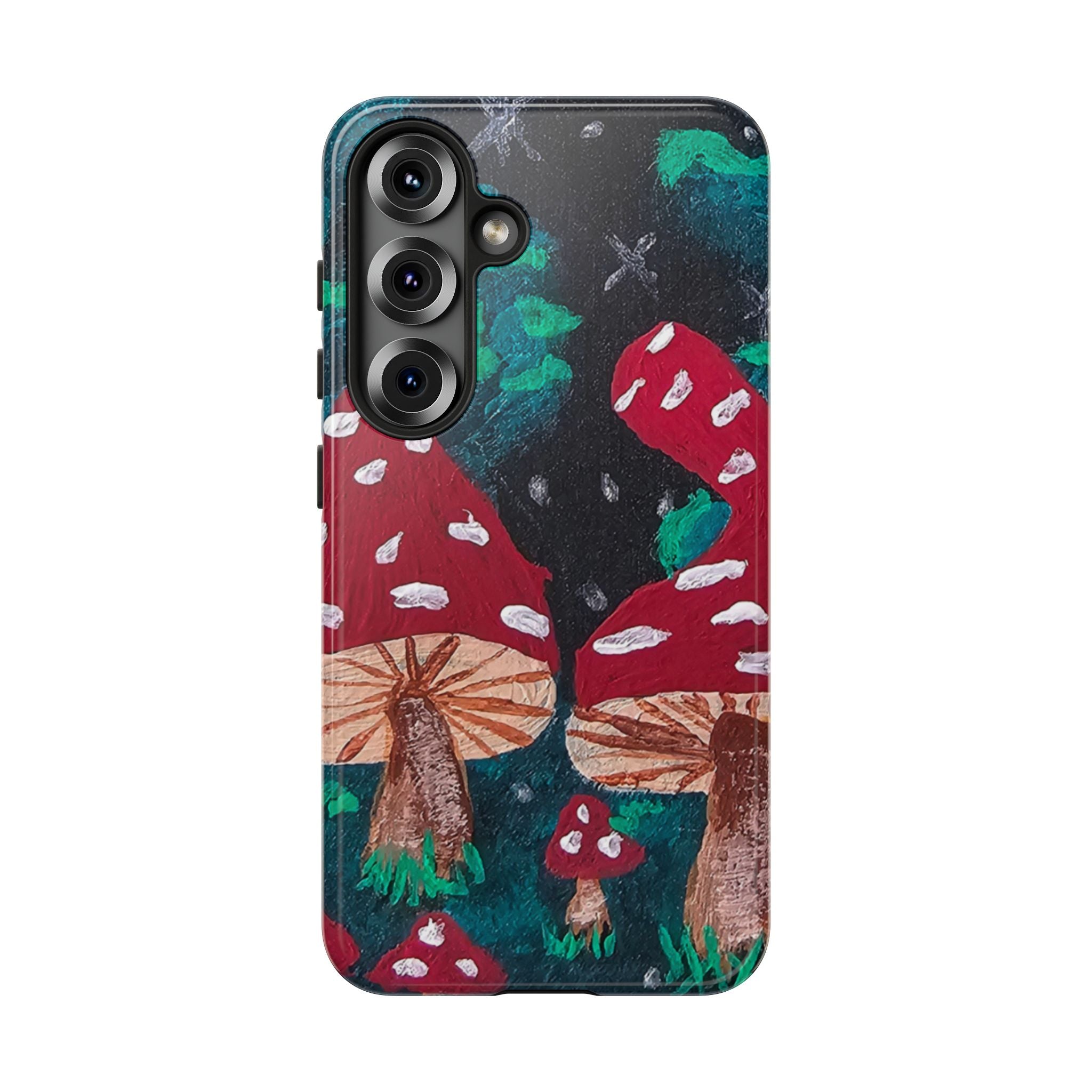 Tough phone case with teal edge and colorful mushroom forest pattern; raised camera cutouts.