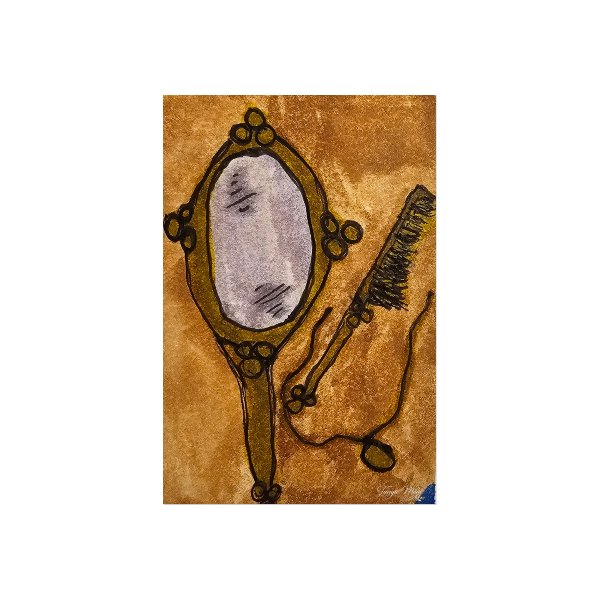 Art poster showing vintage hand mirror oval frame and comb illustration in warm brown