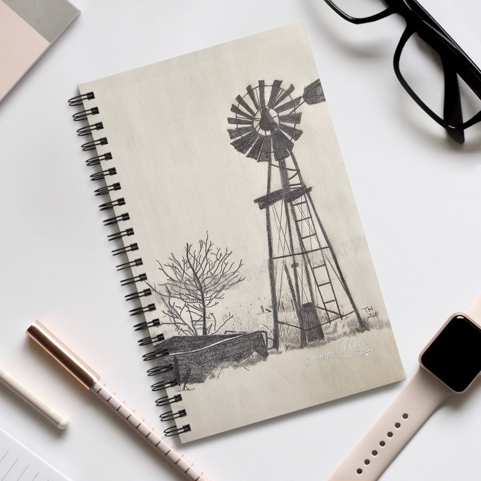 Windmill Sketch Spiral Journal – Rustic Farmhouse Notebook for Notes & Sketching
