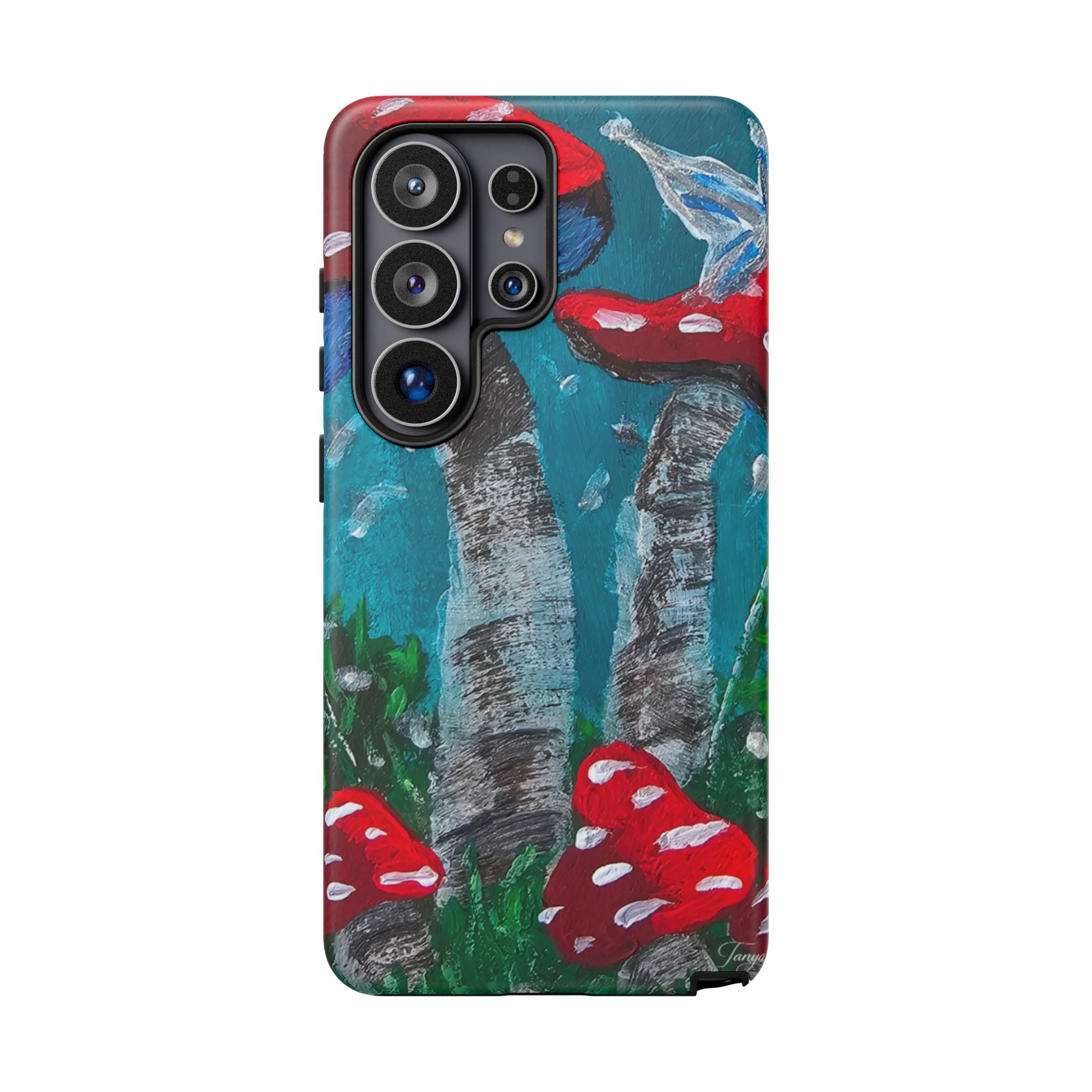 Protective phone case featuring hand-painted red toadstools over teal and gray forest design; camera cutouts