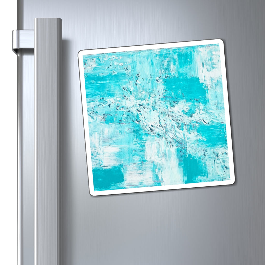 Ocean-blue abstract magnet on refrigerator, teal brush textures with white border