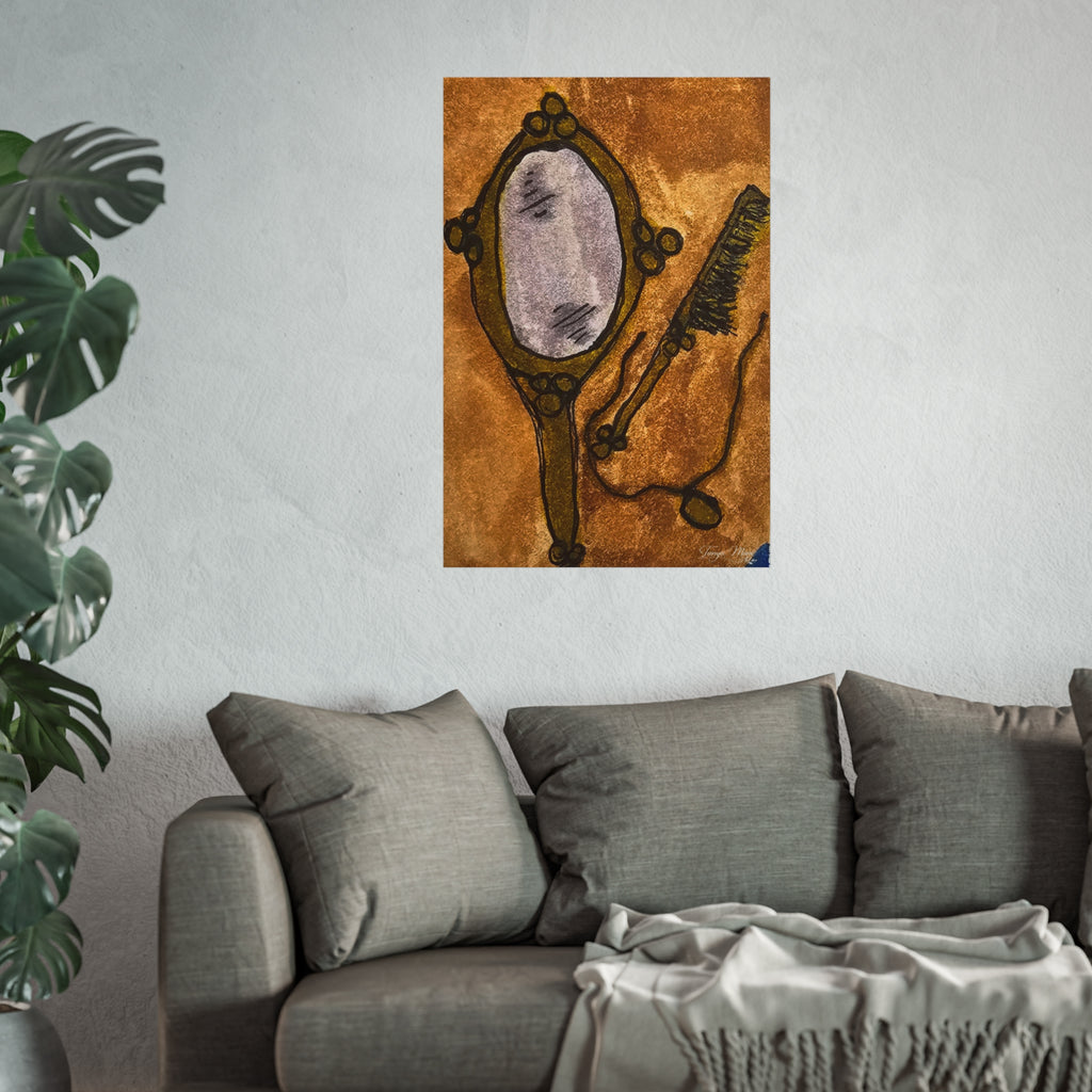 Poster featuring a vintage hand mirror and comb illustration in warm brown with textured grain