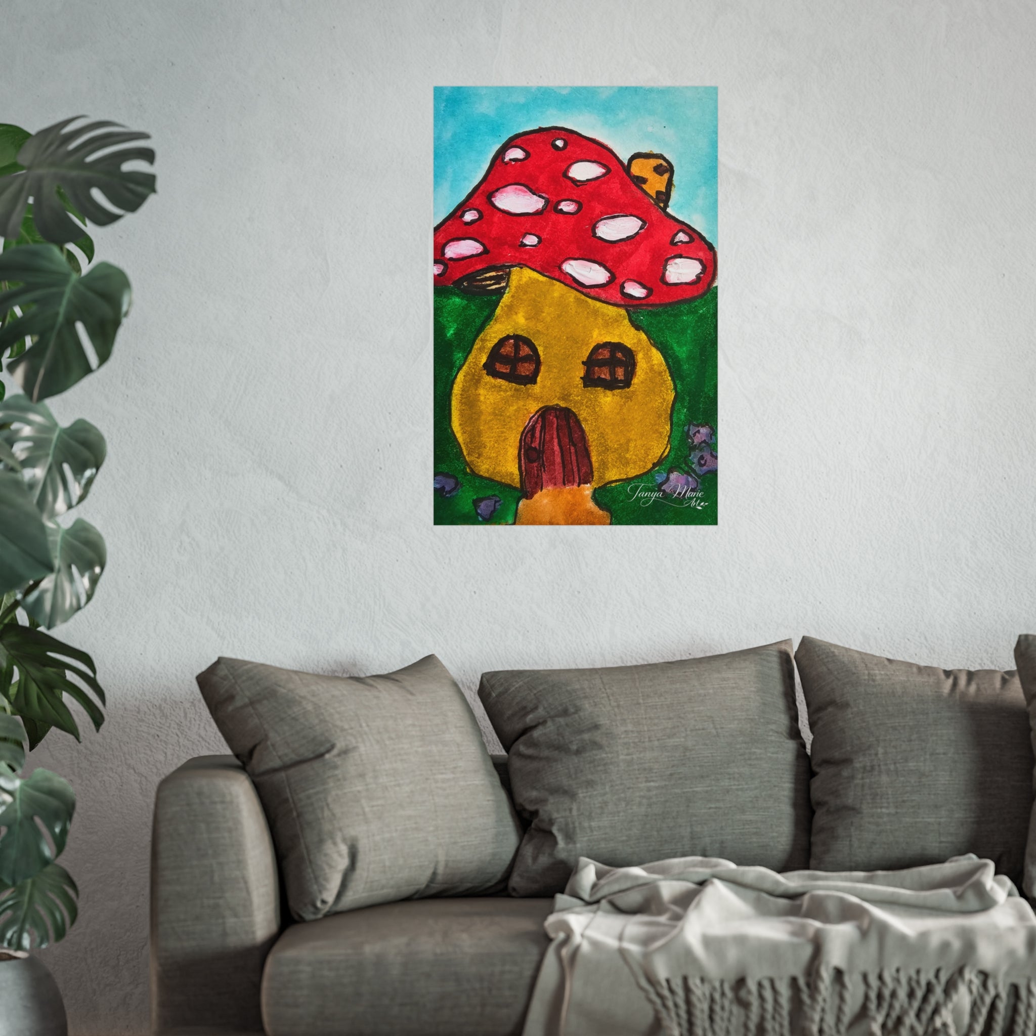 Mushroom house wall art poster with red polka-dot cap and yellow door