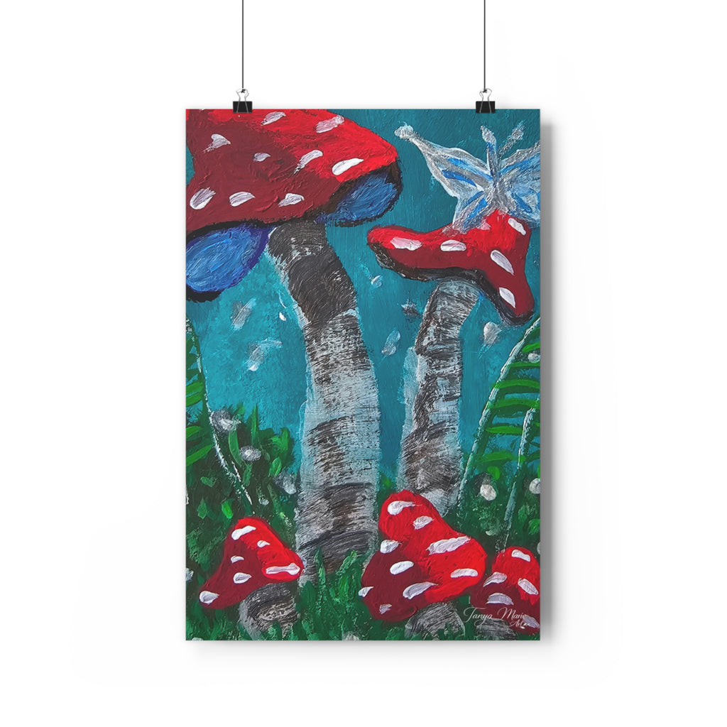 Mushroom meadow giclée art print with red toadstools and a butterfly