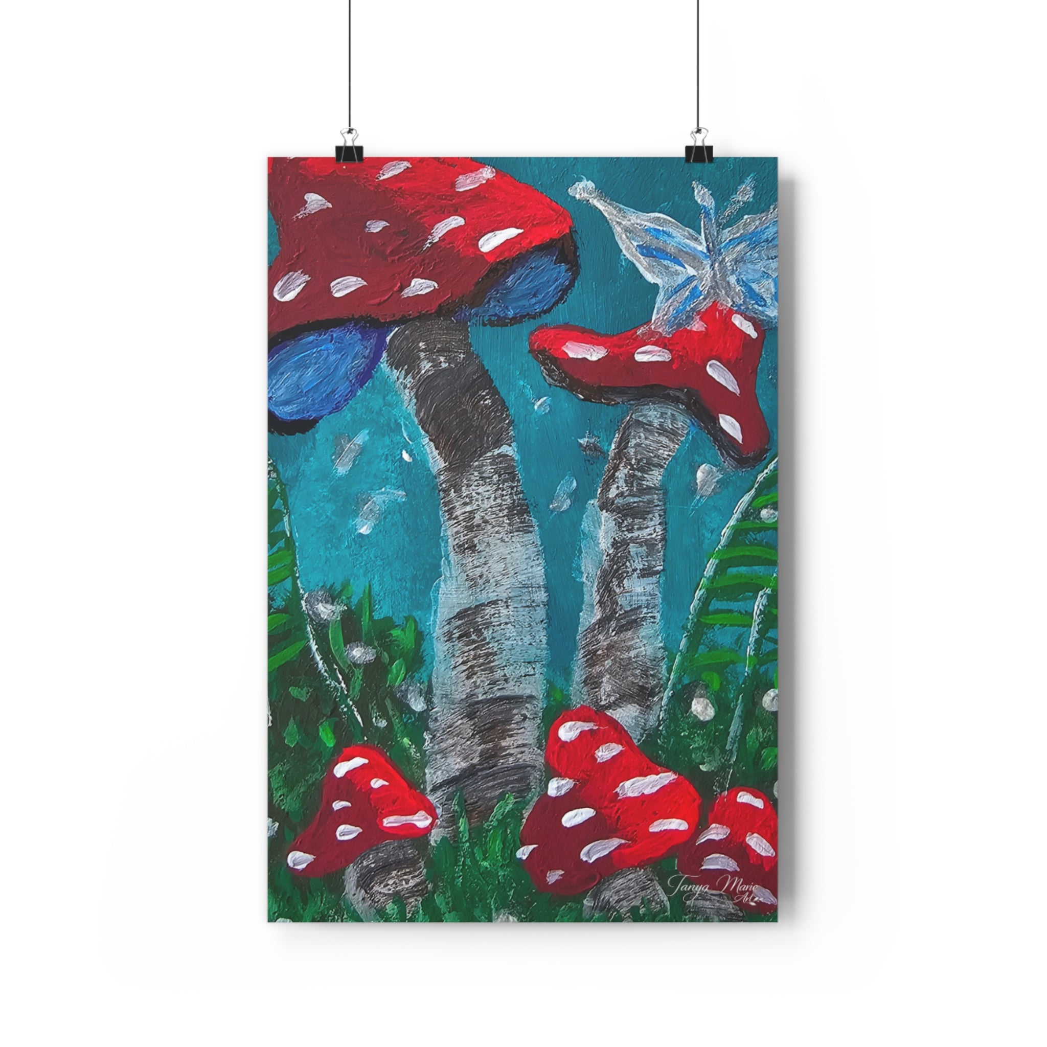 Mushroom meadow giclée art print with red toadstools and a butterfly