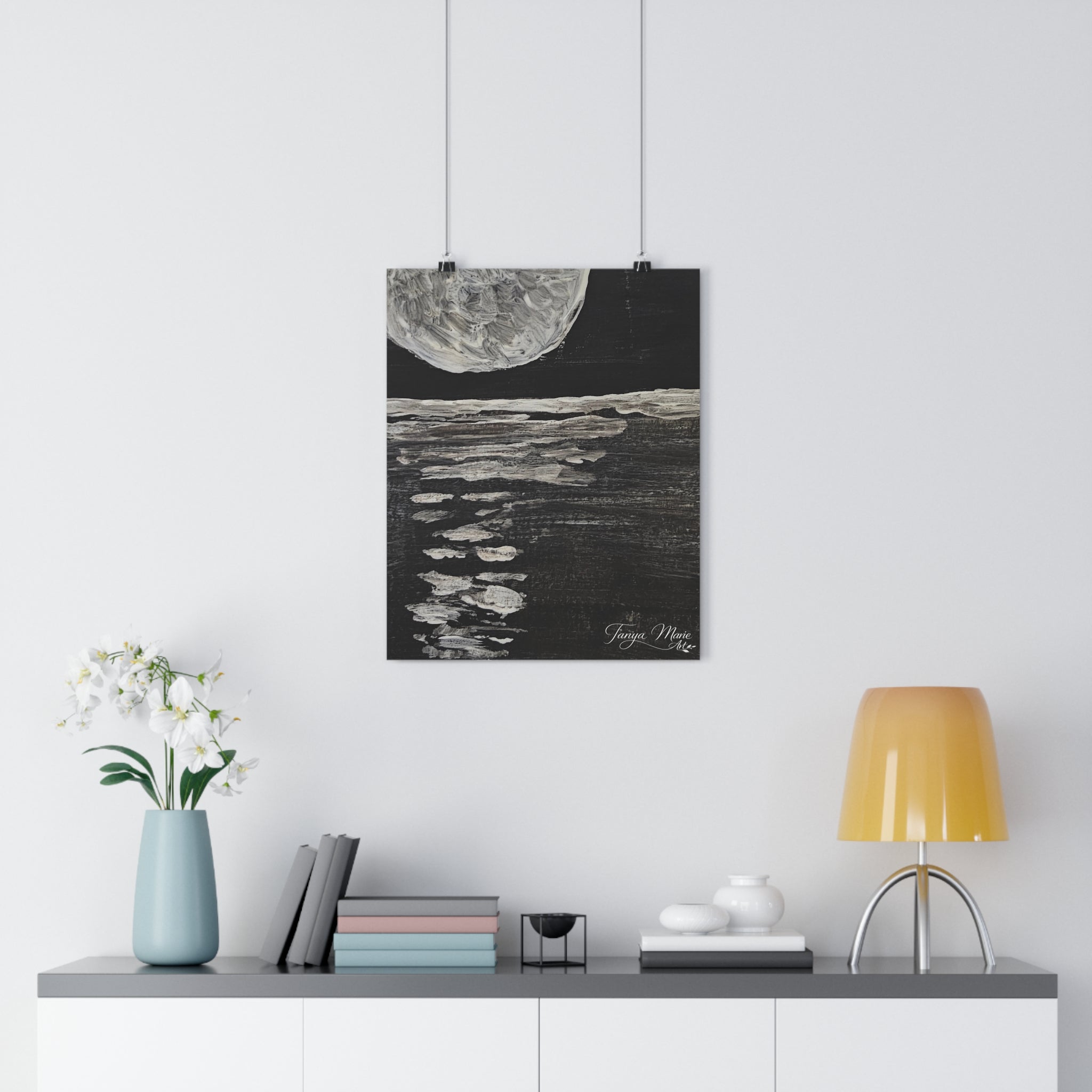 Moonlight Reflection Giclée Art Print — Monochrome Lunar Seascape