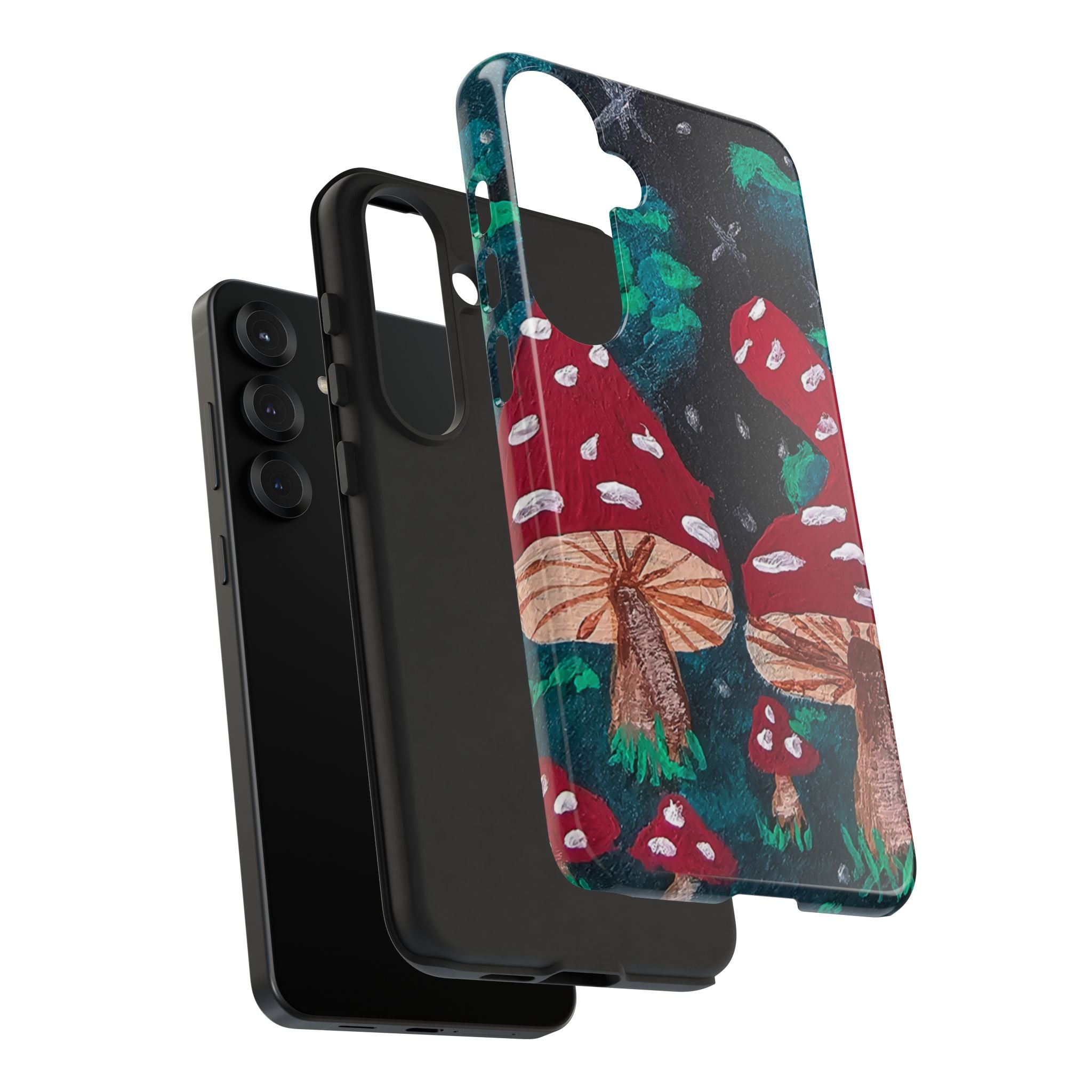 Tough phone case with mushroom forest print, dual camera cutouts, dark border