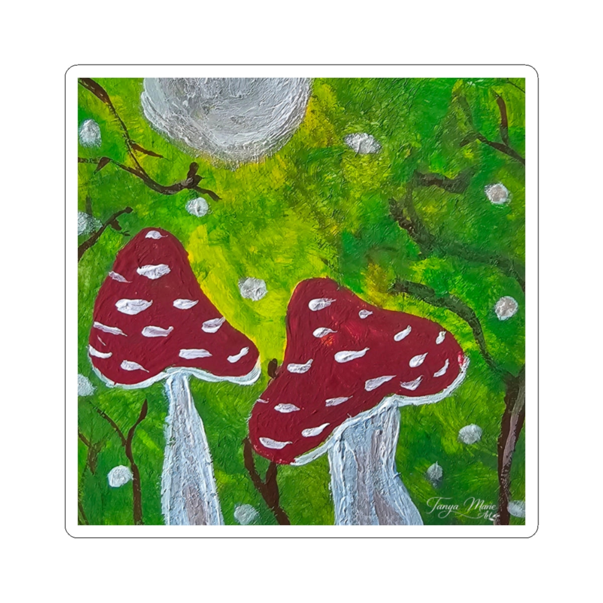 Kiss-cut sticker sheet view: red toadstools beside gray mushrooms, green forest scene.