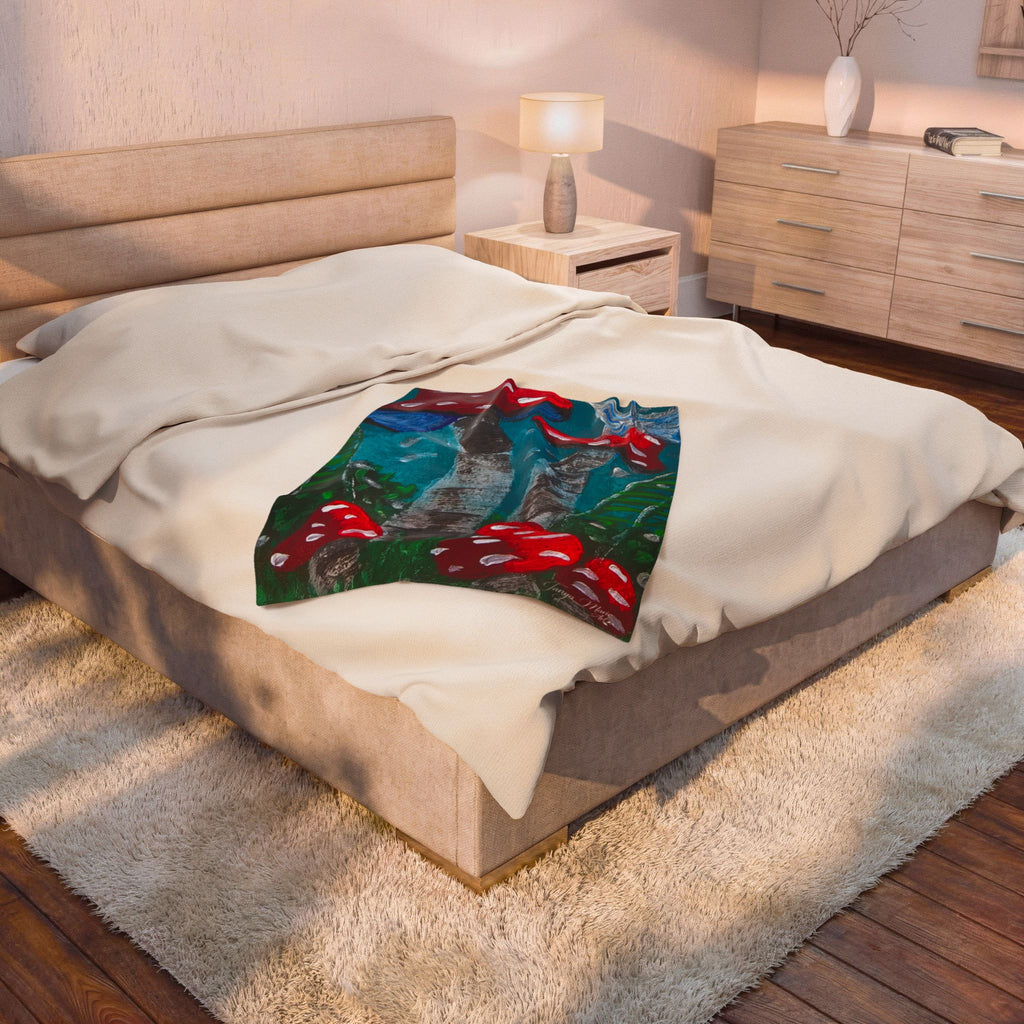 White plush throw blanket draped on bed with blue-green mushroom scene panel