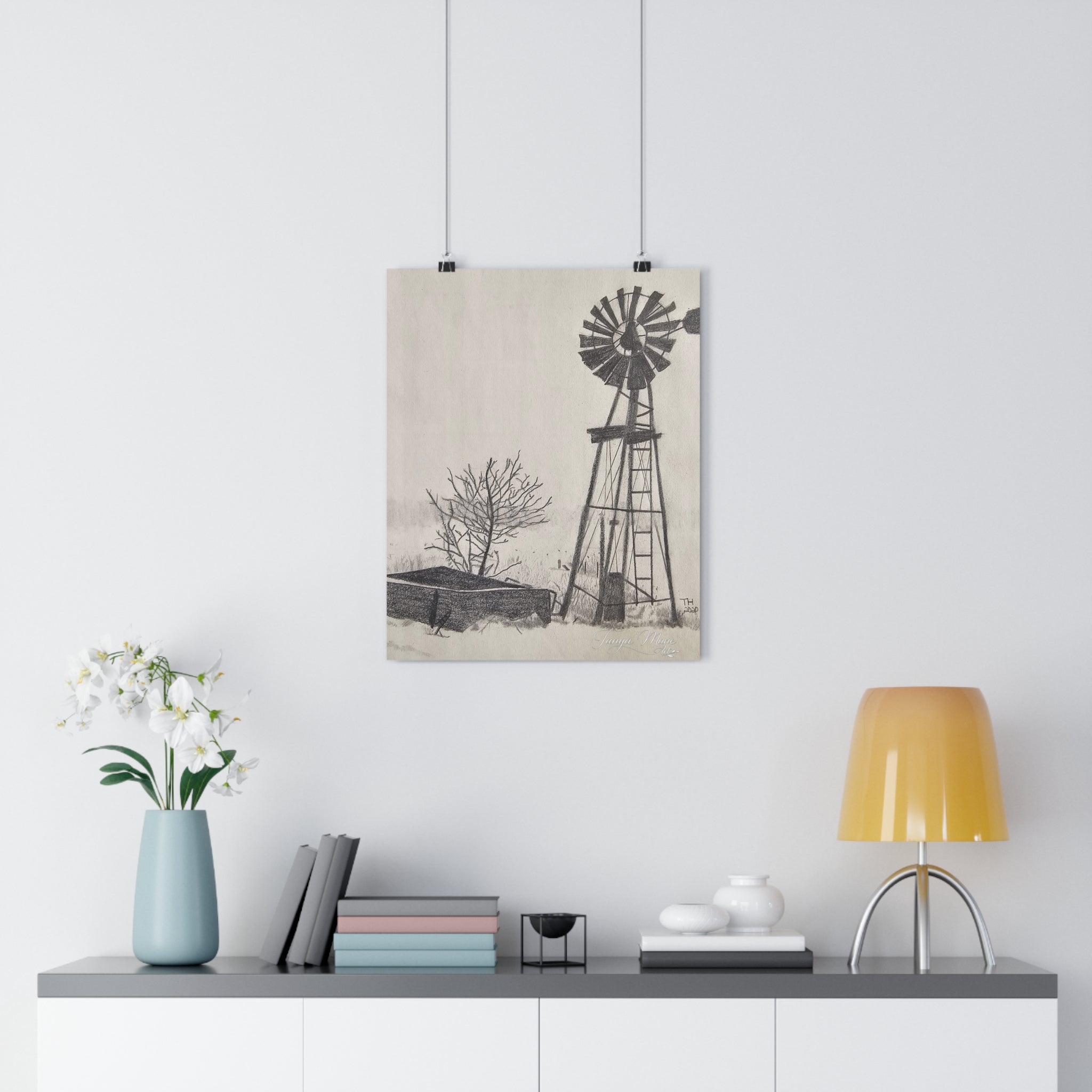 Windmill Farm Giclée Art Print — Vintage Rural Landscape Wall Art