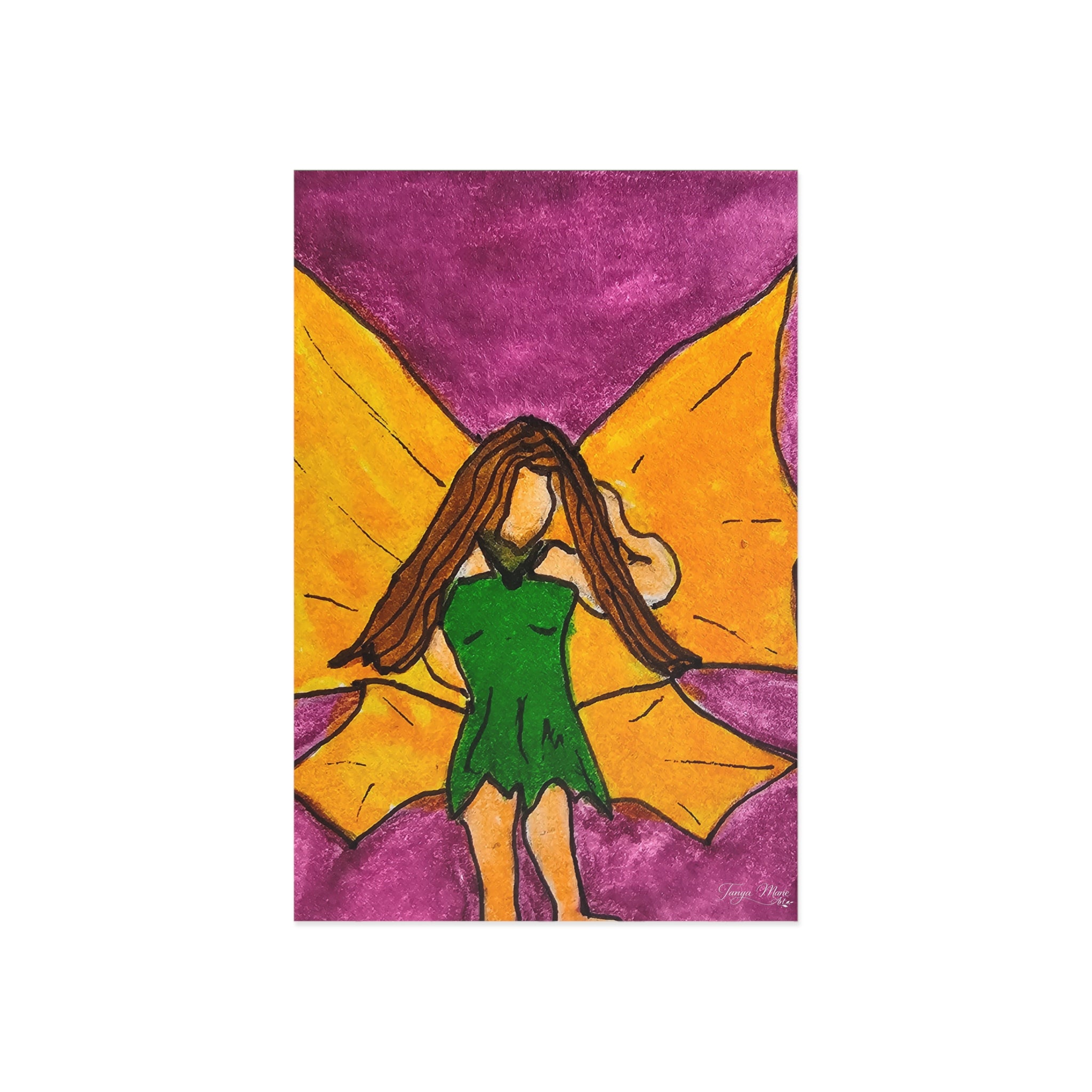 Fairy illustration postcard showing green fairy girl in long dress beneath orange starburst