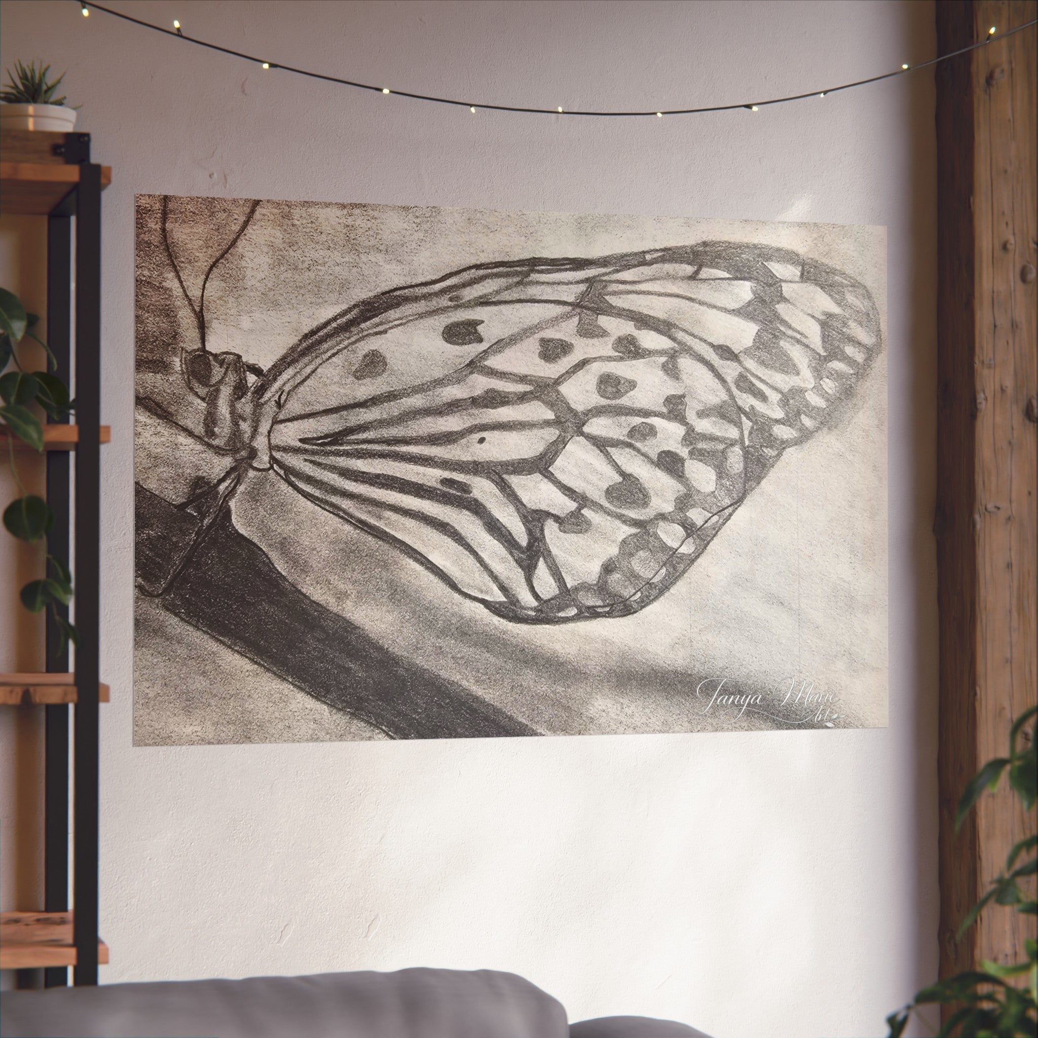 Butterfly Kisses - Butterfly Wing Charcoal Art Poster — Monochrome Fine Art Print