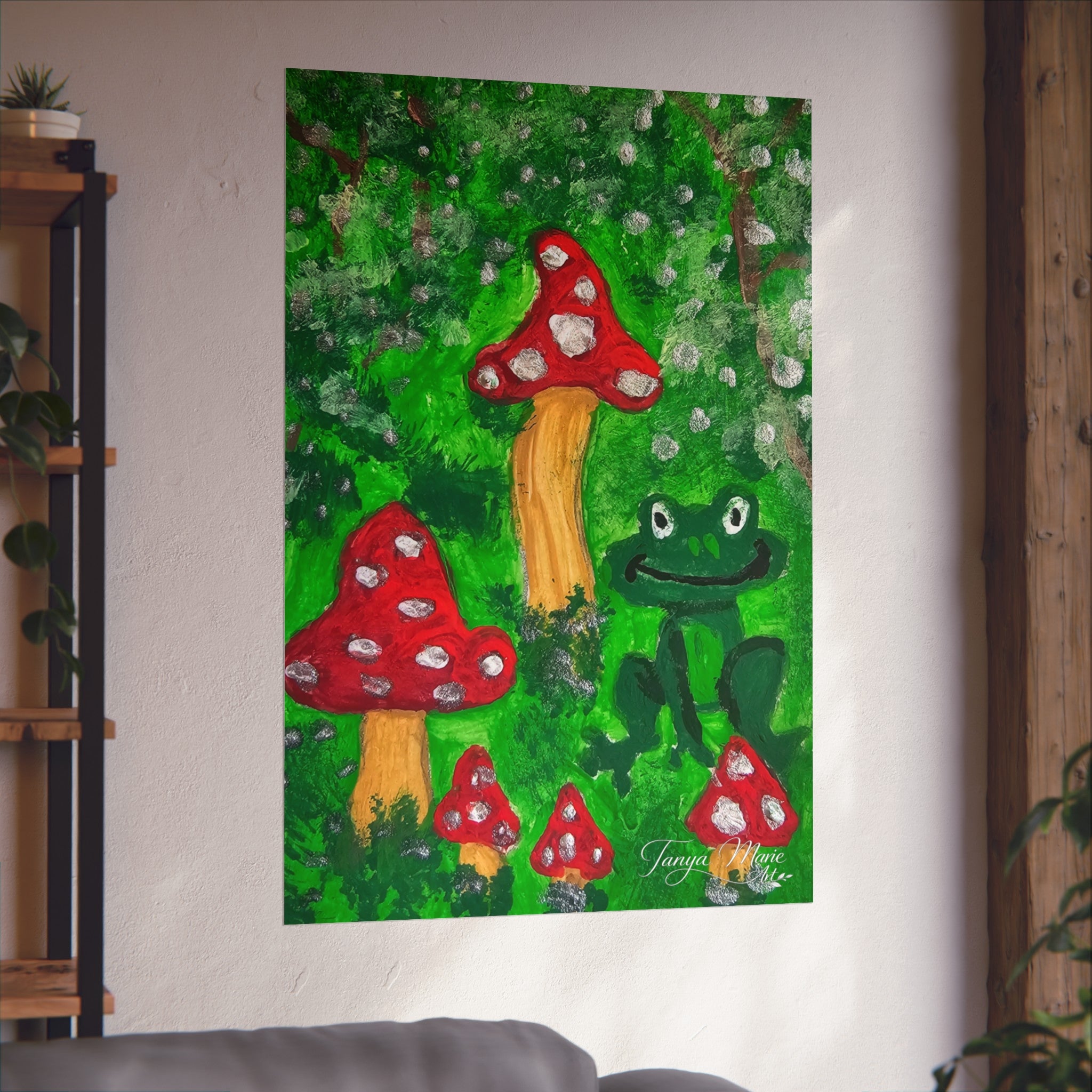 Mushroom and frog wall art poster with red toadstools, green character, and leafy green background
