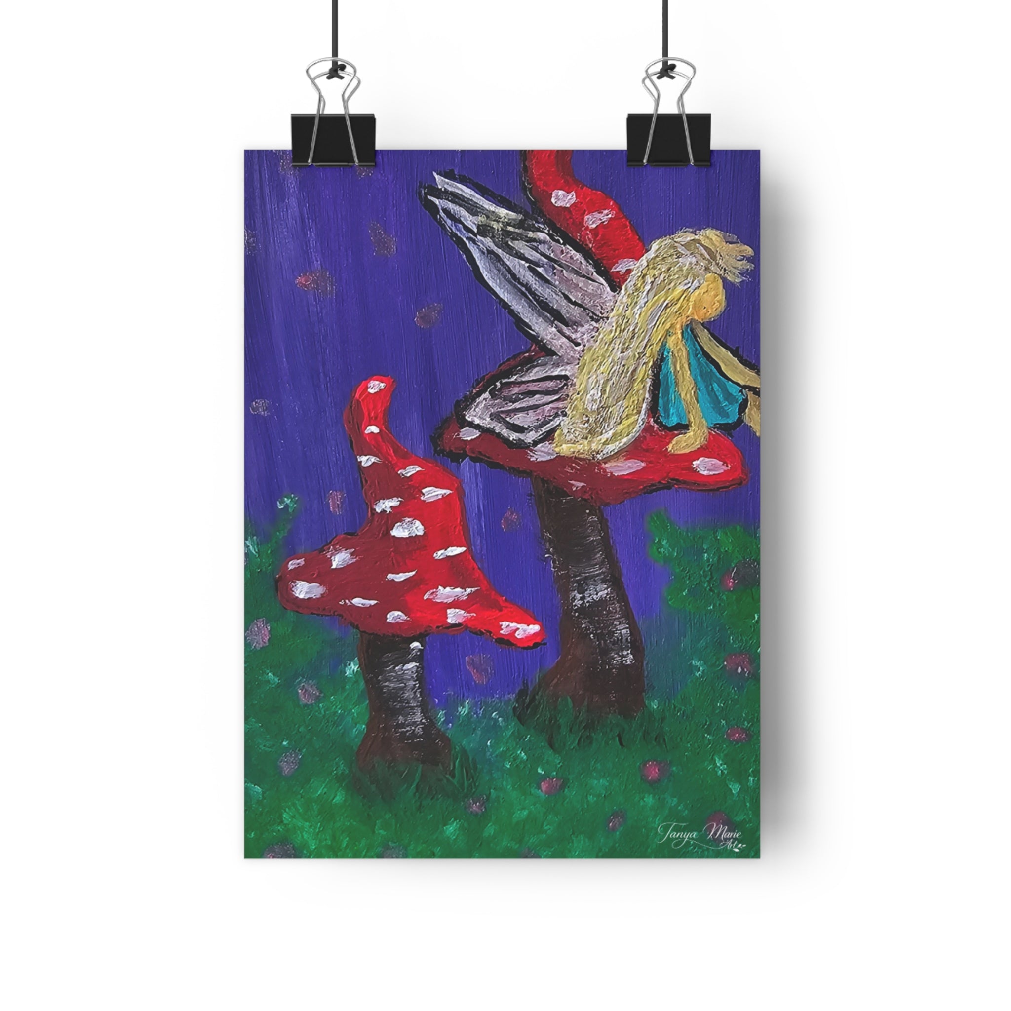 Whimsical fairy on toadstools giclée art print