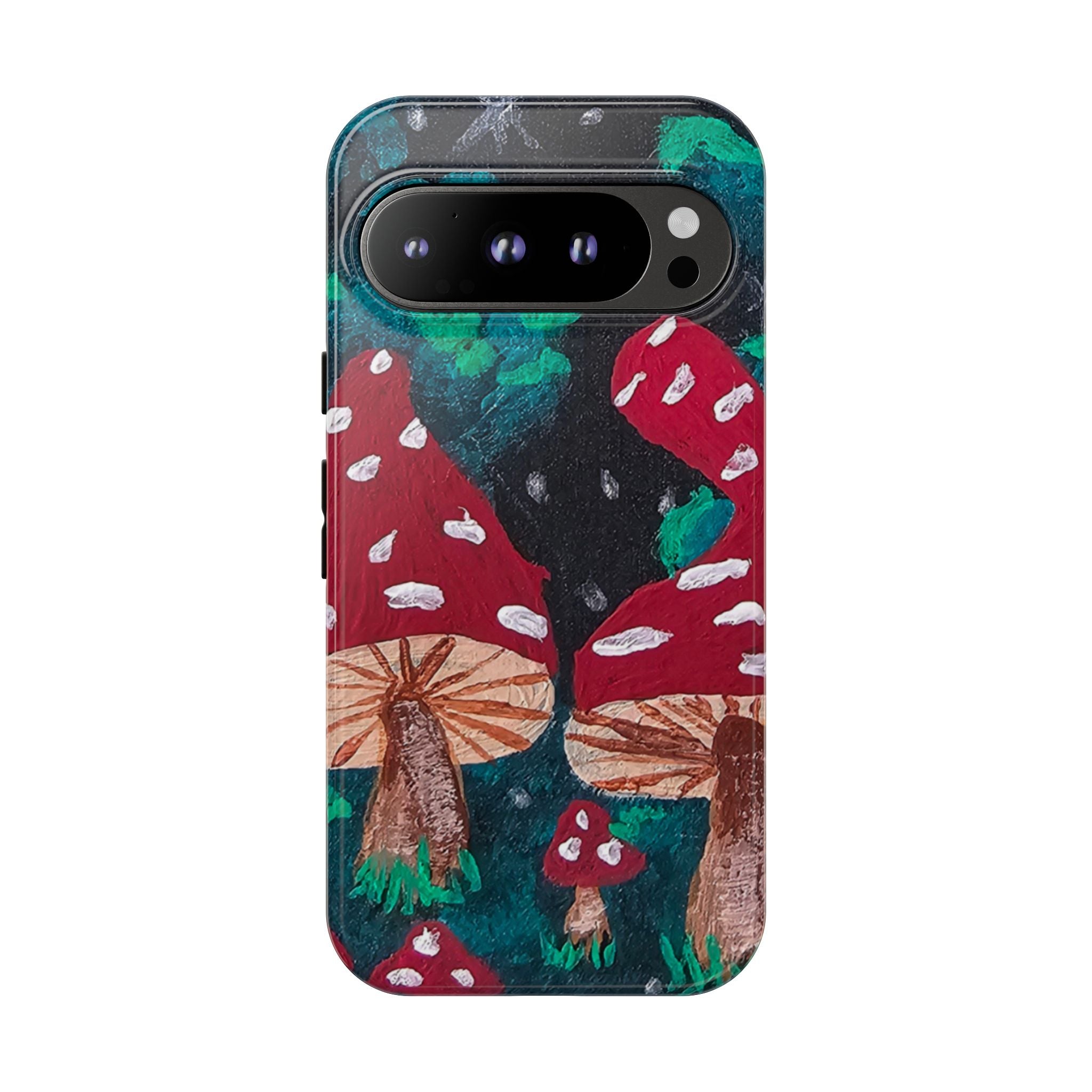 Tough phone case front with mushroom forest pattern, dual camera cutout, raised lip