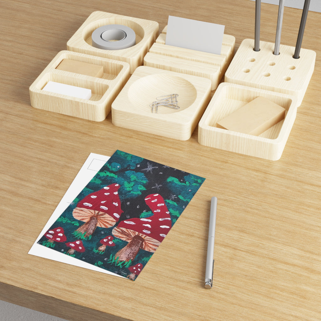 Mushroom forest postcard set with colorful illustrated red and green amanita mushrooms