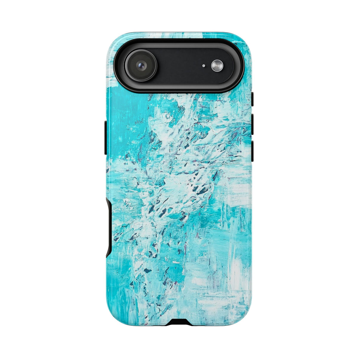 Turquoise abstract marble tough phone case with wide oval camera window and side buttons.